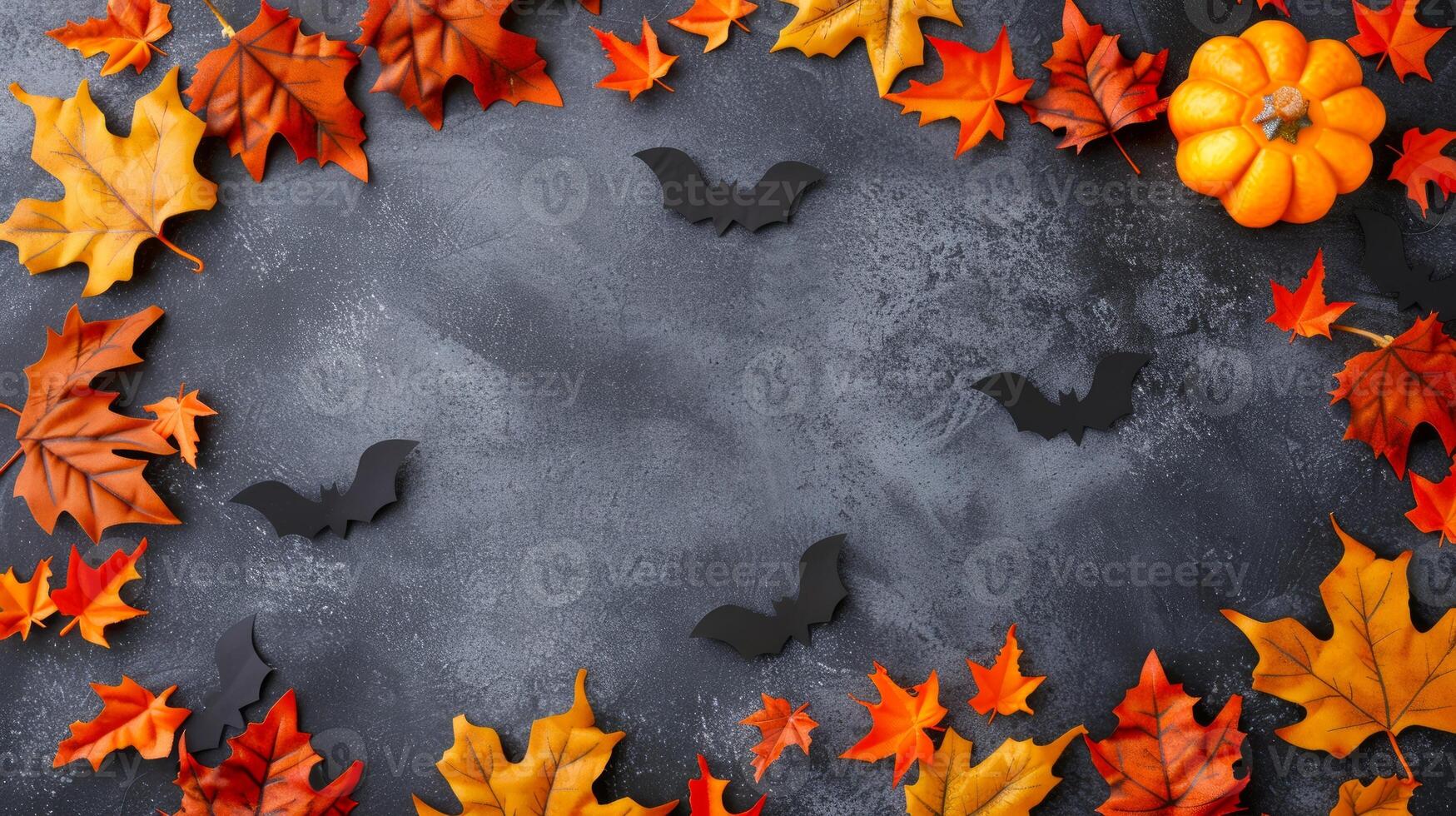 Autumn leaves with black bats and pumpkins on dark background. Halloween decoration. Concept of fall season, festive decor, celebration, spooky design. Banner. Copy space photo