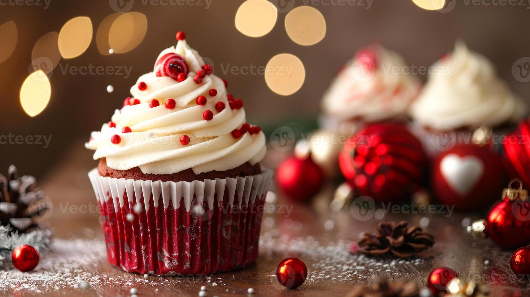 Festive Christmas cupcake with red wrapper and cream frosting. Holiday dessert concept. Christmas decorations. Festive food display. Copy space photo