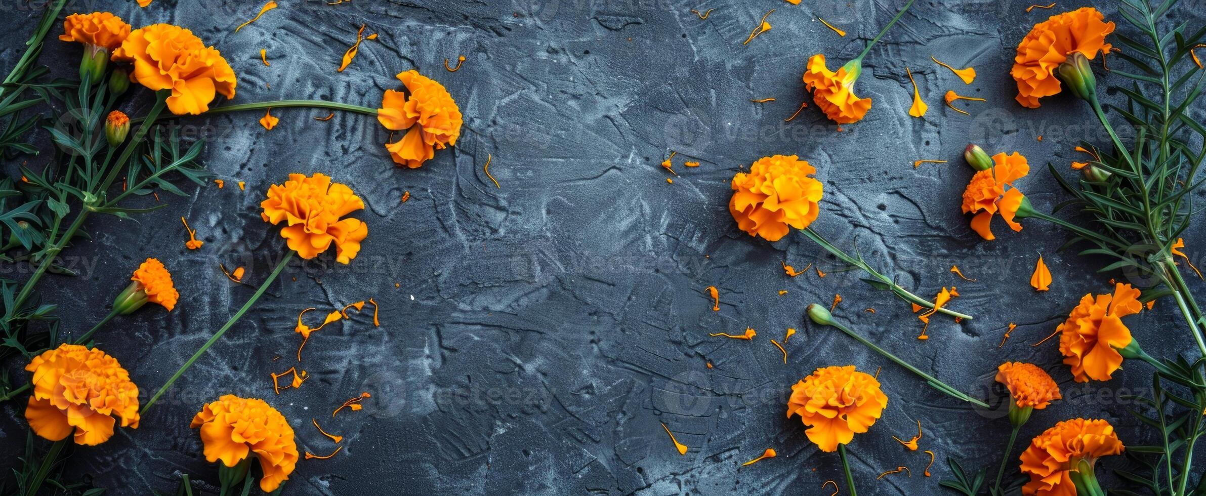 Marigold flowers on dark textured background. Copy space. Concept of floral arrangement, nature beauty, botanical design. Day of the Dead, Dia de los Muertos celebration. Greeting card photo