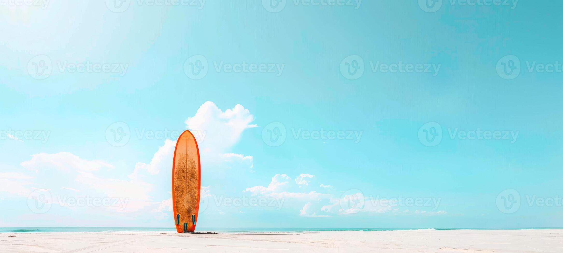 Minimalist photo of a lone surfboard standing against a blue sky on a deserted beach. Concept of summer, surfing, beach activities, and coastal lifestyle. Space for text. Banner