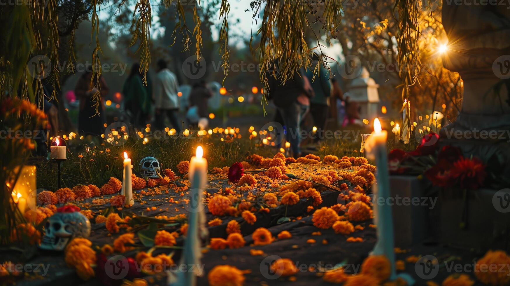 Day of the Dead cemetery at night. Dia de los Muertos graveyard with candles and marigolds. Concept of cultural Mexican tradition, remembrance, and spiritual celebration photo