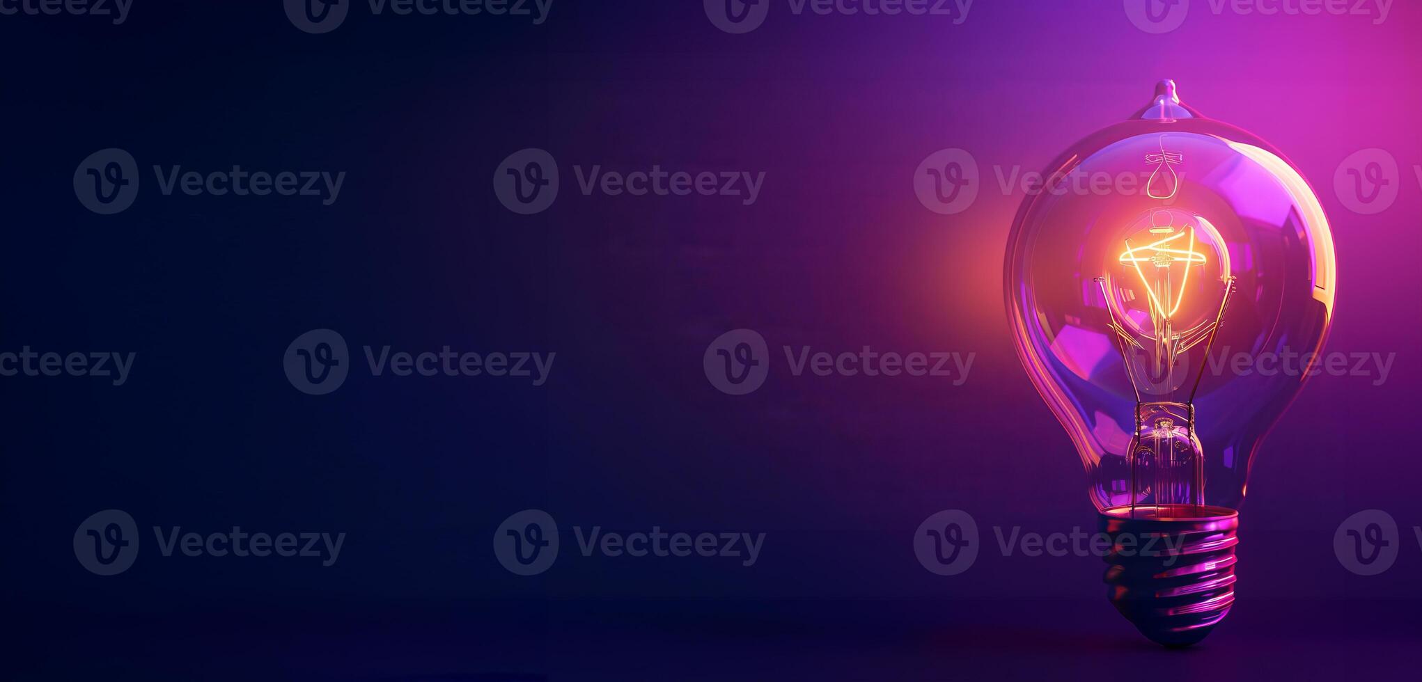 Glowing light bulb on a dark purple background. Illuminated bulb with vibrant hues. Concepts of innovation, creativity, and bright ideas. Copy space photo