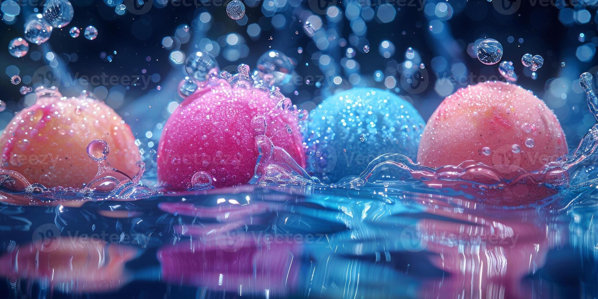 Colorful swirling bath bomb dissolving in water with dynamic splashes. Vivid colors blending in a mesmerizing aquatic dance. Concept of vibrant self-care products and relaxation. photo