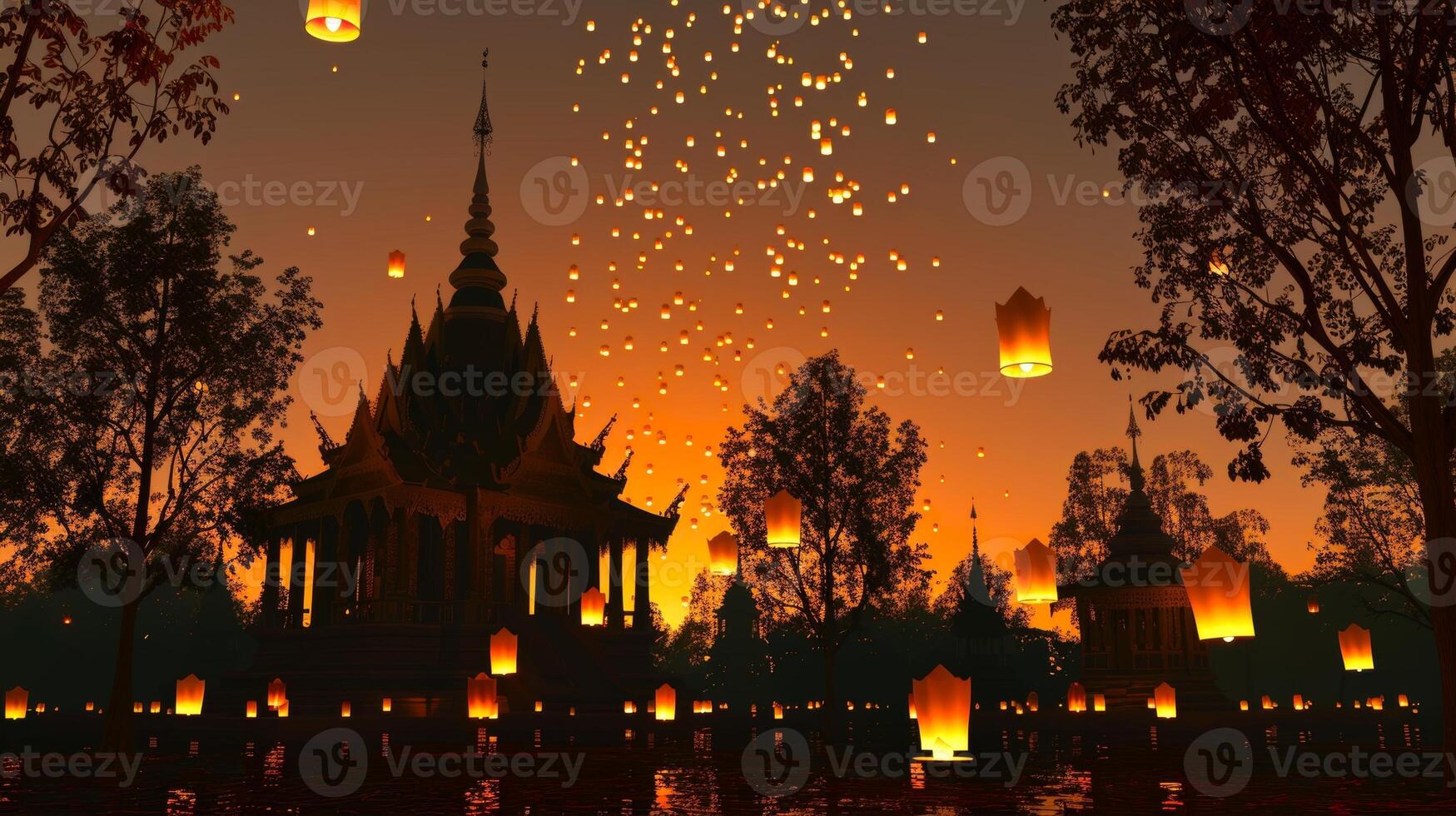 Twilight over a Thai temple with sky lanterns aloft. Dusk setting with ceremonial lanterns. Concept of Visakha Bucha Day, cultural heritage, festive traditions, and spiritual gatherings. photo