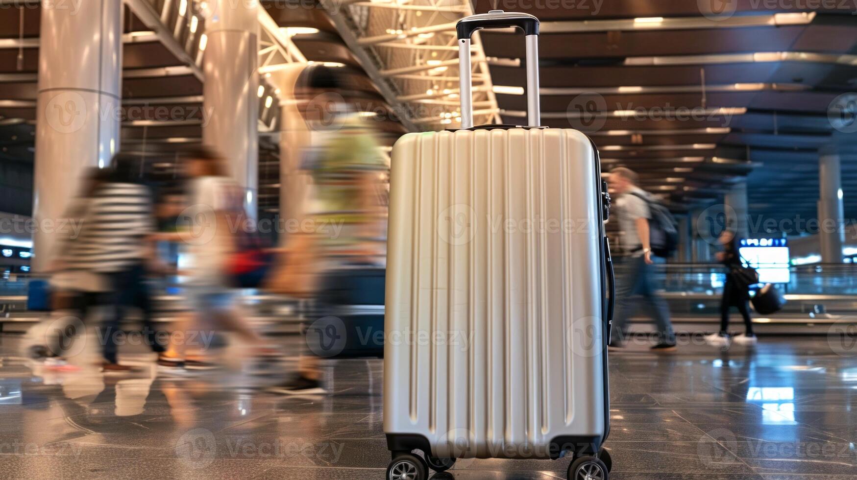 Suitcase in modern airport terminal. Travel luggage, journey preparation, tourism, vacation, transportation concept photo