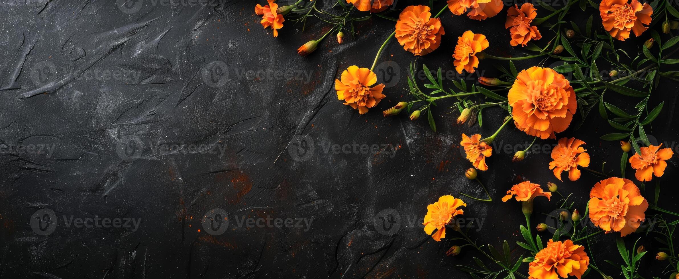 Marigold flowers on dark textured background. Copy space. Concept of floral arrangement, nature beauty, botanical design. Day of the Dead, Dia de los Muertos celebration. Greeting card photo