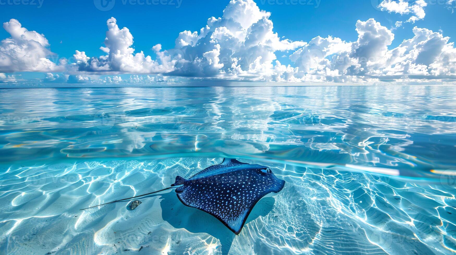 marina mantarraya nadando en claro como el cristal superficial agua, nublado cielo reflejado arriba. visual representación de mar vida. concepto de oceánico criaturas, natural hábitats, y calma aguas foto