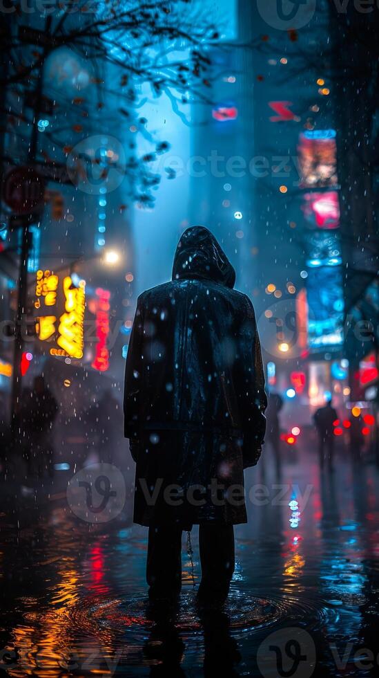 Hooded figure walking through neon-lit street in the rain. A man in a black cloak. Stranger. Urban night scene. Concept of mystery, solitude, city life, atmospheric scene photo