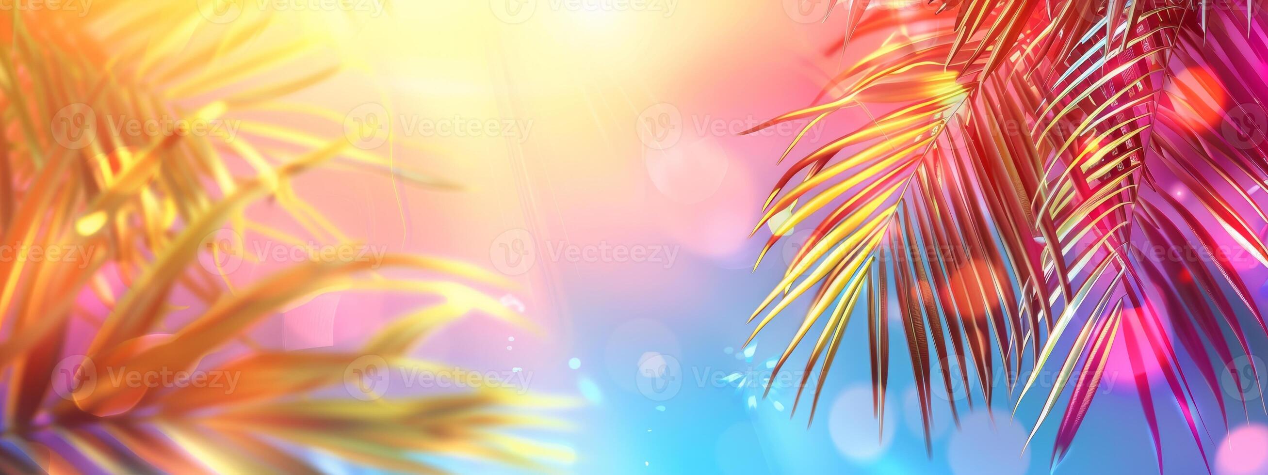 Bright summer tropical background with colorful pastel palm leaves and bokeh effects. Trendy botanical wallpaper with blue and pink colors. Wide banner. Space for text. Mockup for design photo