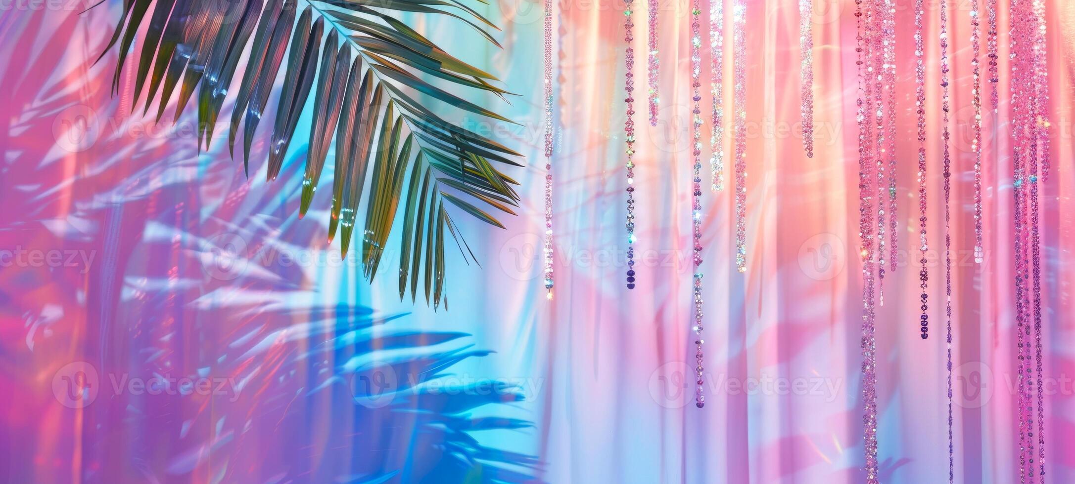 Iridescent palm leaf with vibrant spectrum of colors casting intricate shadows on colorful soft background. Concept of nature, light effects. Bright wallpaper. Mockup for design. Copy space. Banner photo