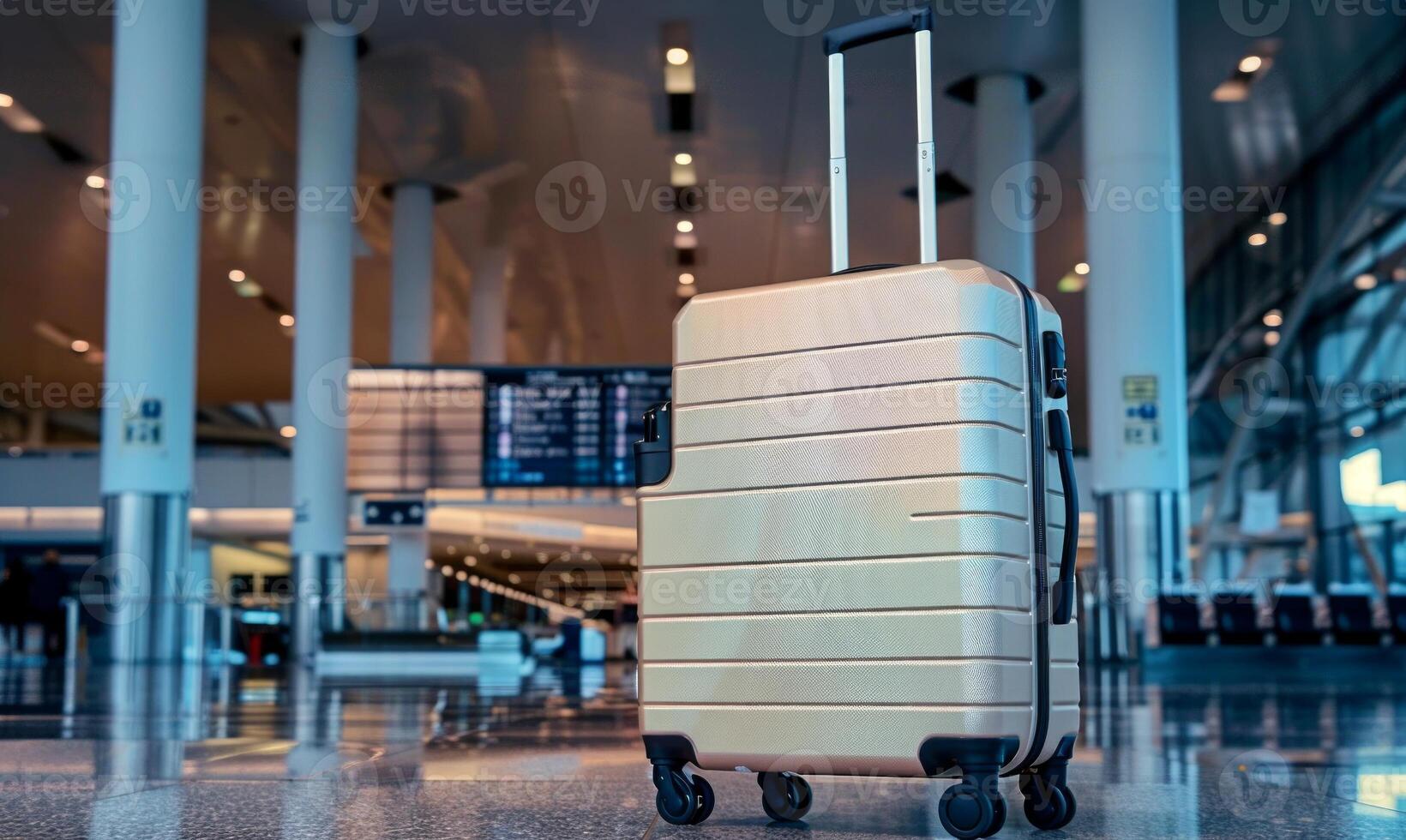Suitcase in modern airport terminal. Travel luggage, journey preparation, vacation, transportation concept photo