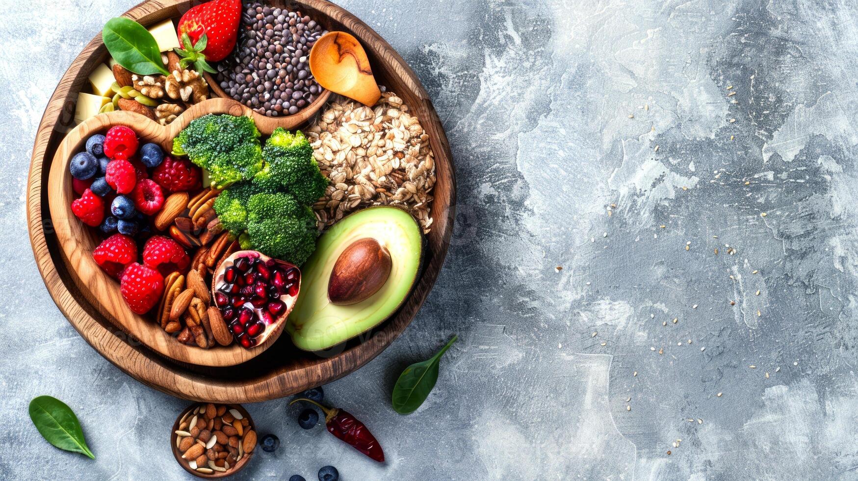 Heart-shaped wooden bowl filled with various healthy foods on a textured background. Raw vegetables, nuts, superfoods, greens concept. Banner. Copy space Foods that are good for a healthy heart photo