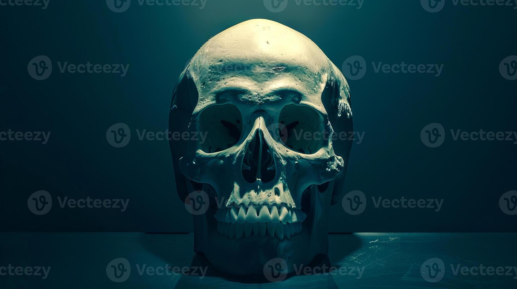 Human Skull on a Dark Background. Concept of anatomy, mortality, science, macabre art, Halloween photo