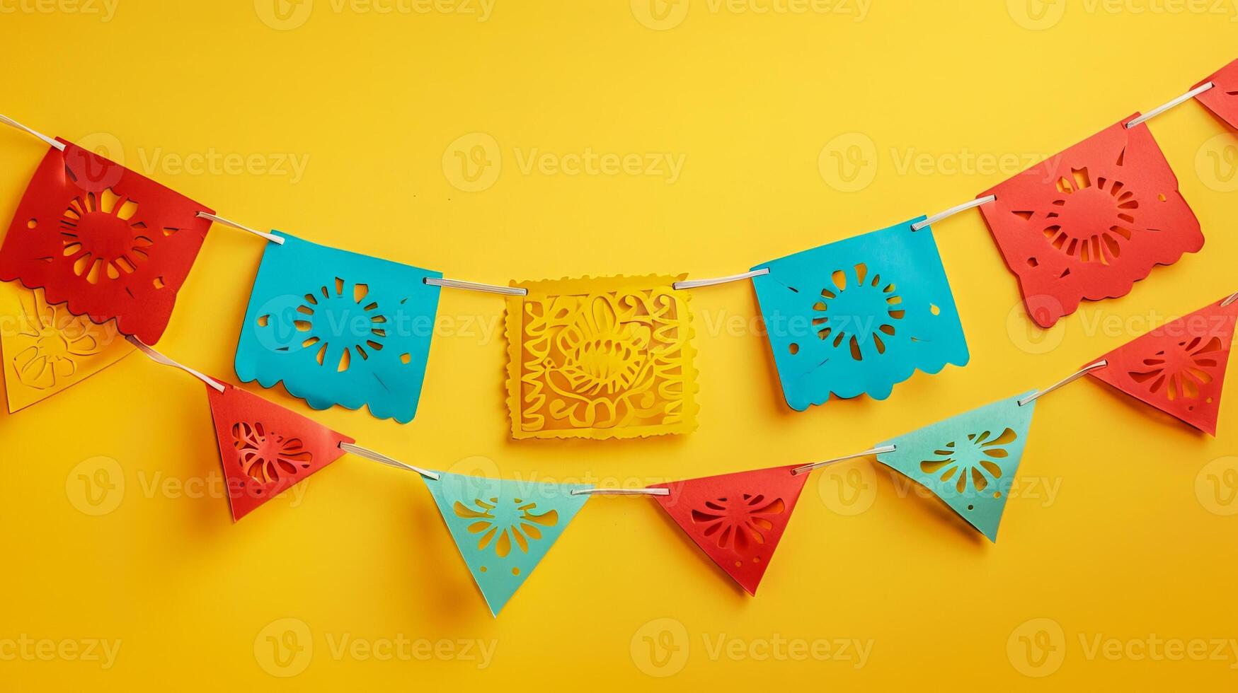Vibrant Paper Banners with Festive Designs on a Yellow Background. Concept of Celebration, Festivity, Decorative Art, Colorfulness, papel picado photo