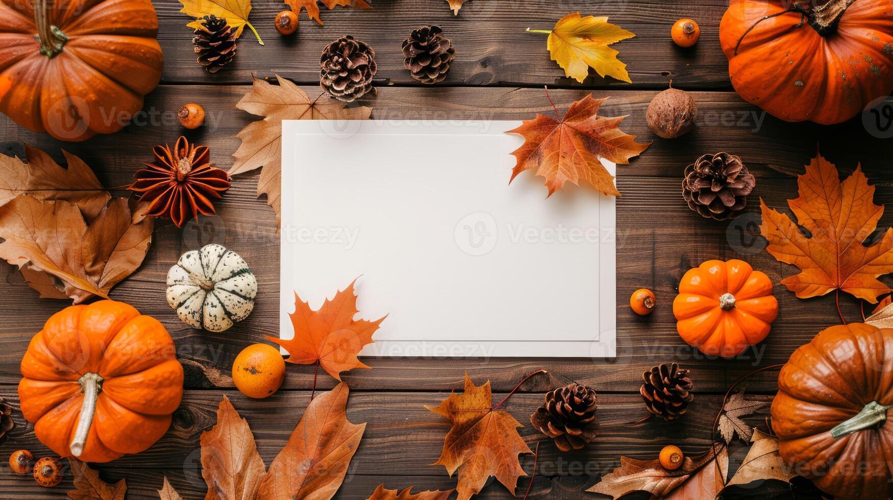 Festive autumn mockup with pumpkins and leaves. Dark wooden background with space for text. Concept of fall design, Thanksgiving card, harvest celebration, and elegant seasonal layout photo