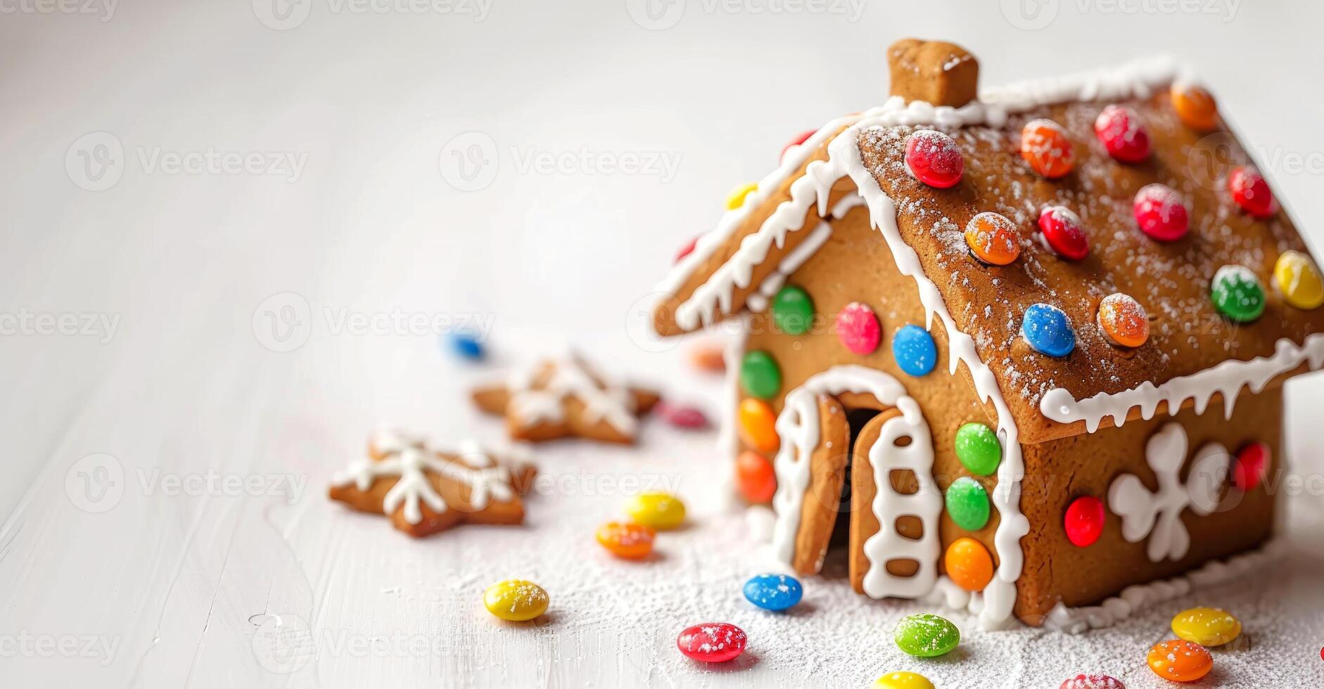 Colorful gingerbread house with candy decorations in a winter setting. Concept of holiday baking, festive treats, Christmas candy, and culinary creativity. White background photo