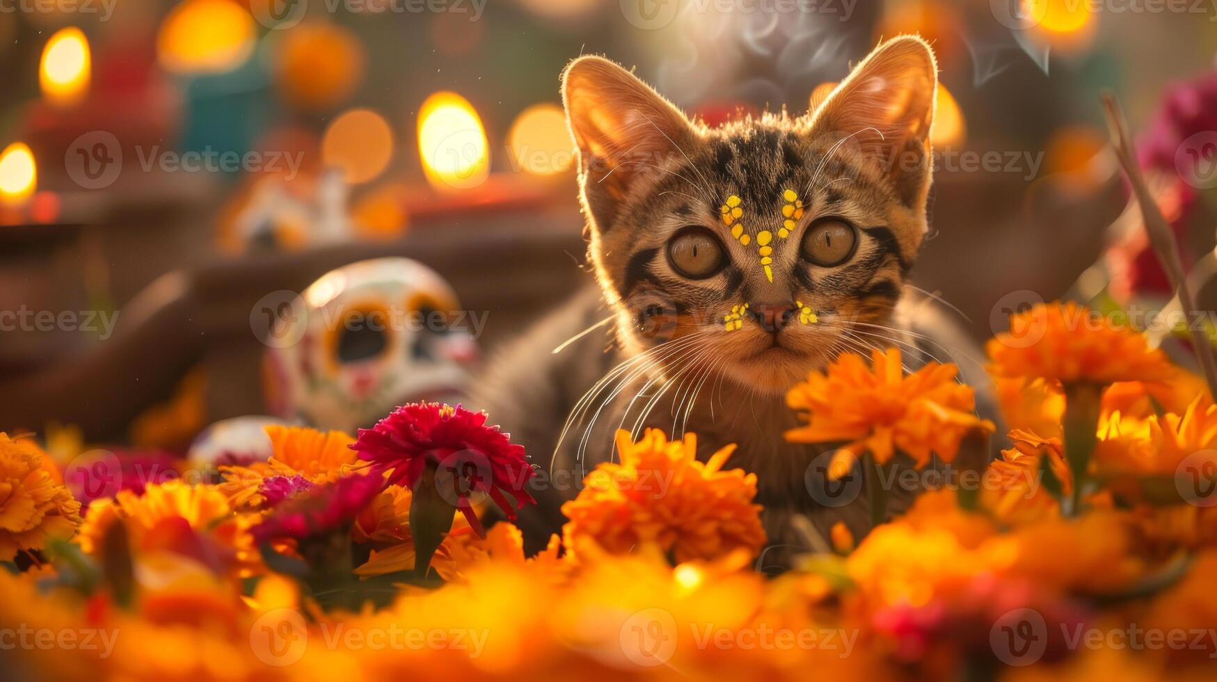 Cat with decorative face paint among orange marigolds. Feline adorned for festive celebration Day of the Dead. Concept of animal decoration, cultural events, festive design photo