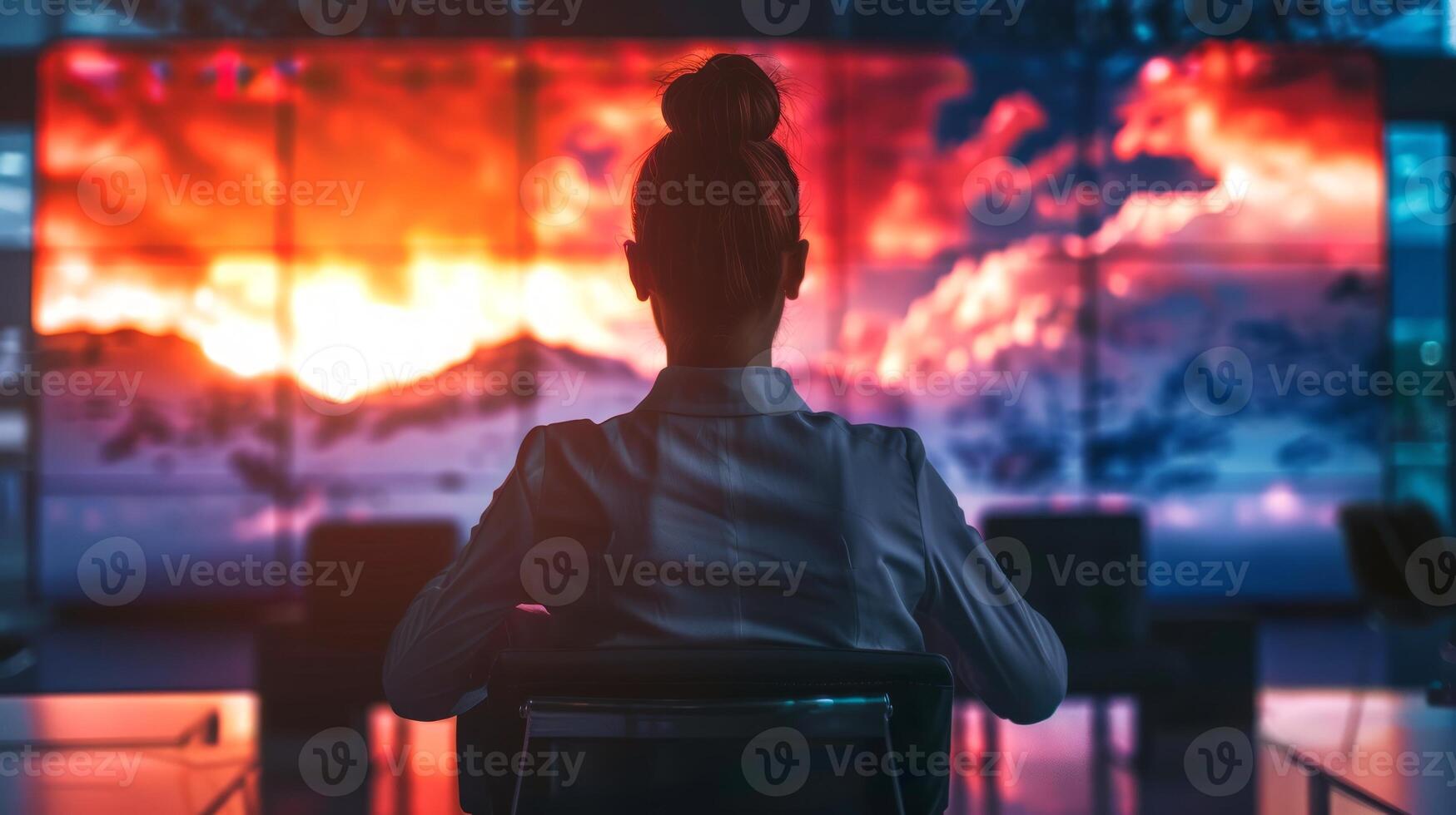 Businesswoman in front of a dazzling light panel installation. Woman in a modern conference room. Corporate setting. Concept of modern workplace, technology-infused art, contemporary design. Back view photo