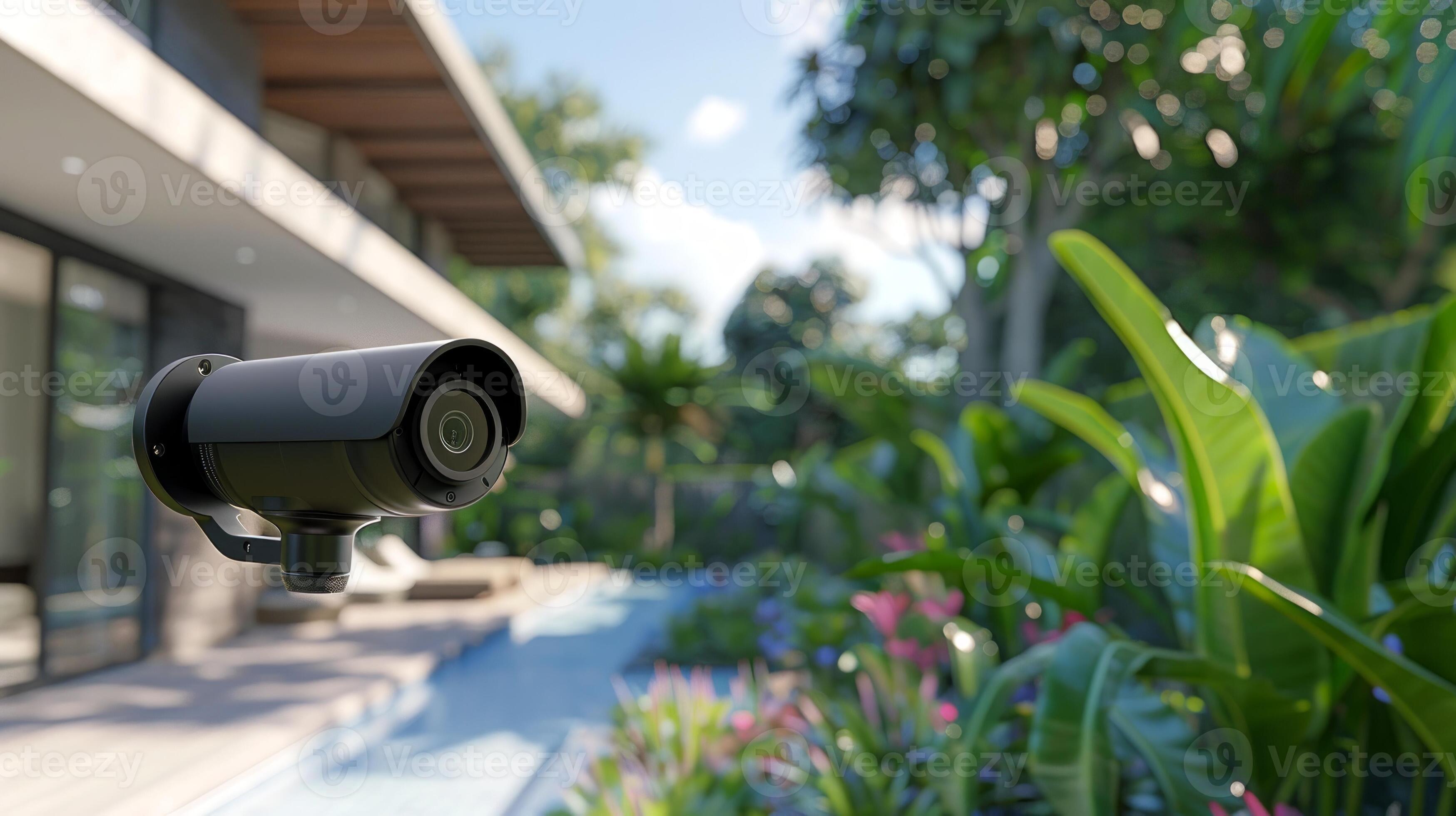 Security camera overlooking a modern home and lush garden. Hightech