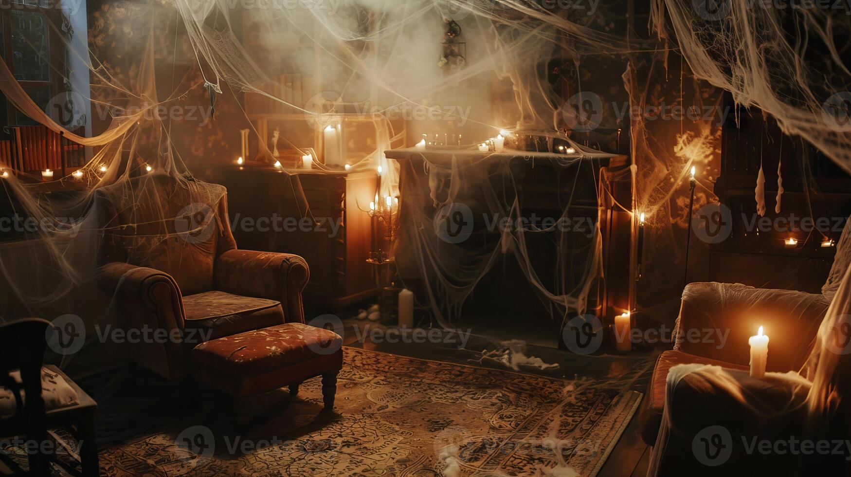 Haunted living room with cobwebs and candles. Dark and eerie atmosphere. Concept of Halloween, haunted house, spooky decoration, ghost stories photo