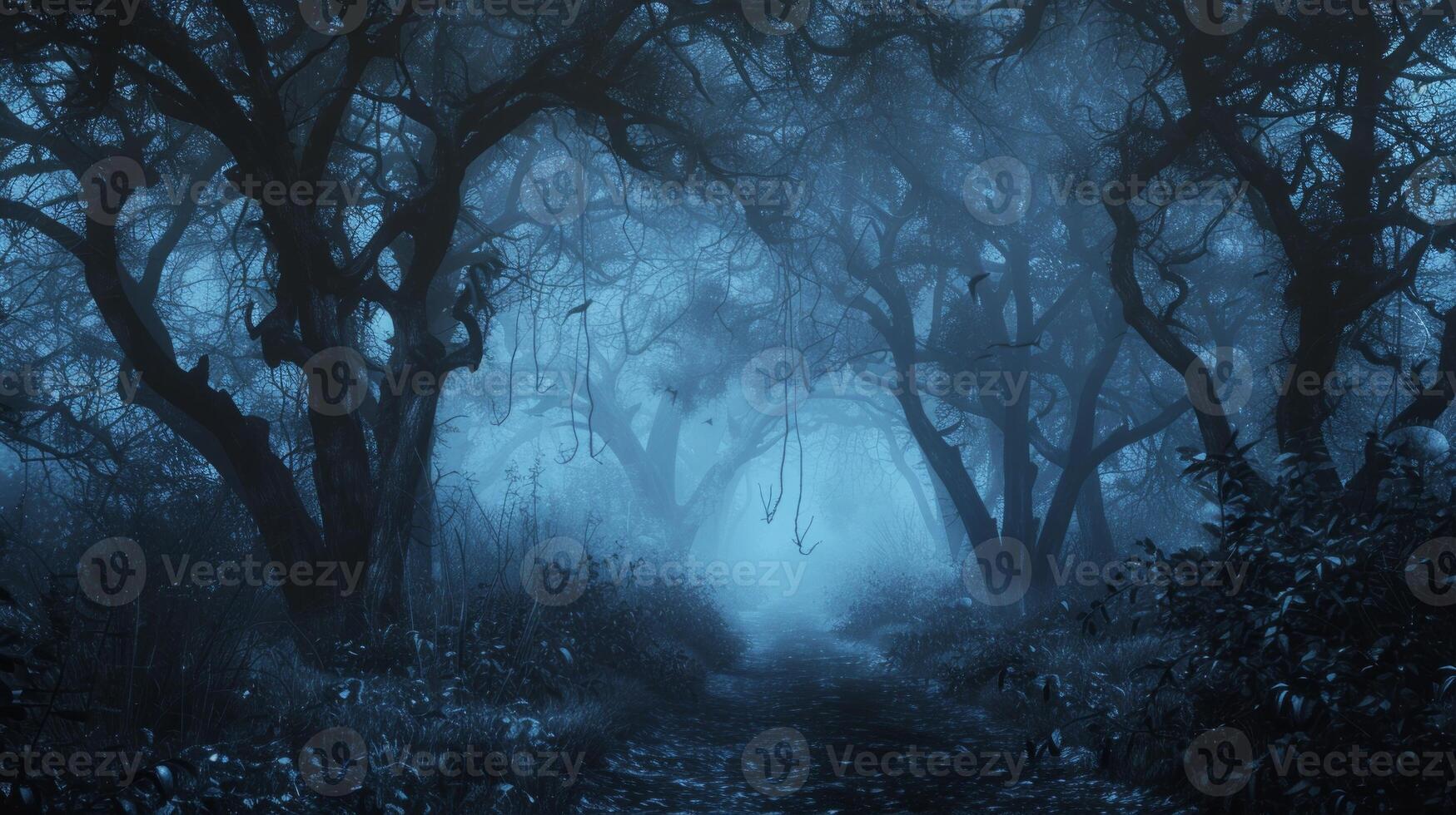 Mystical forest with foggy path. Concept of nature, atmosphere, mystery, Halloween night, and wilderness photo