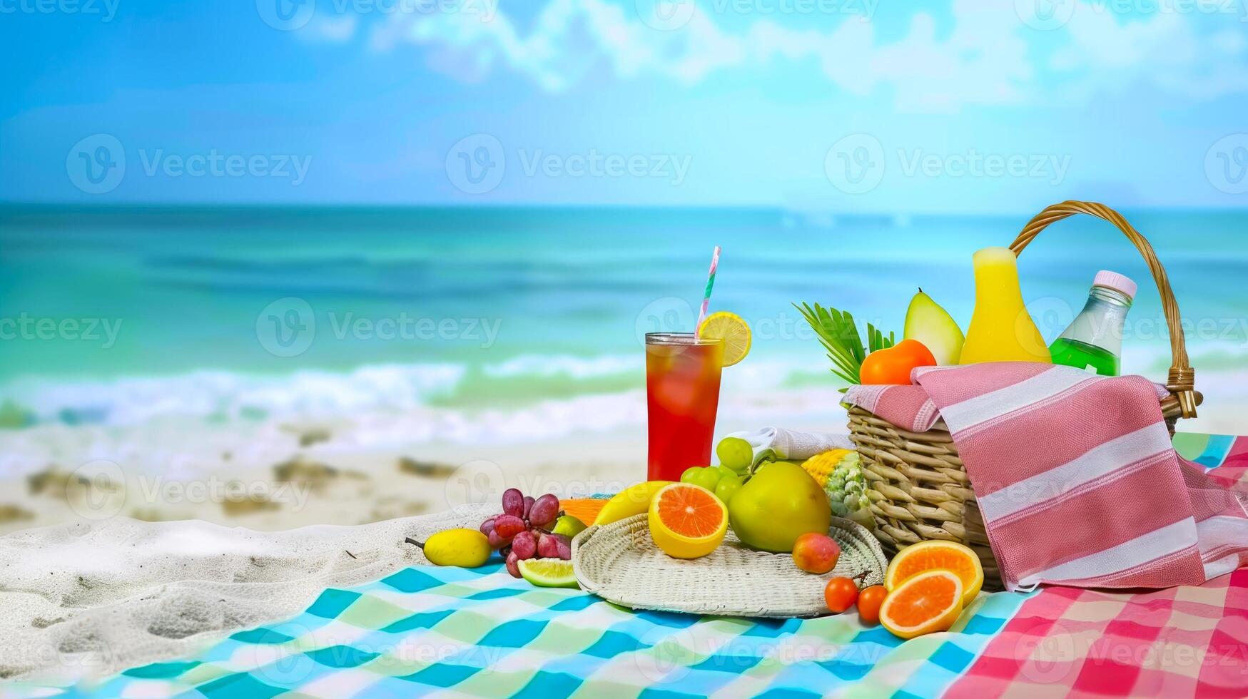 Beach picnic setup with a colorful drink and fresh fruits on a sandy shore. Idyllic day with tropical flavors. Concept of summer relaxation, beach dining, and vibrant lifestyle. Space for text photo