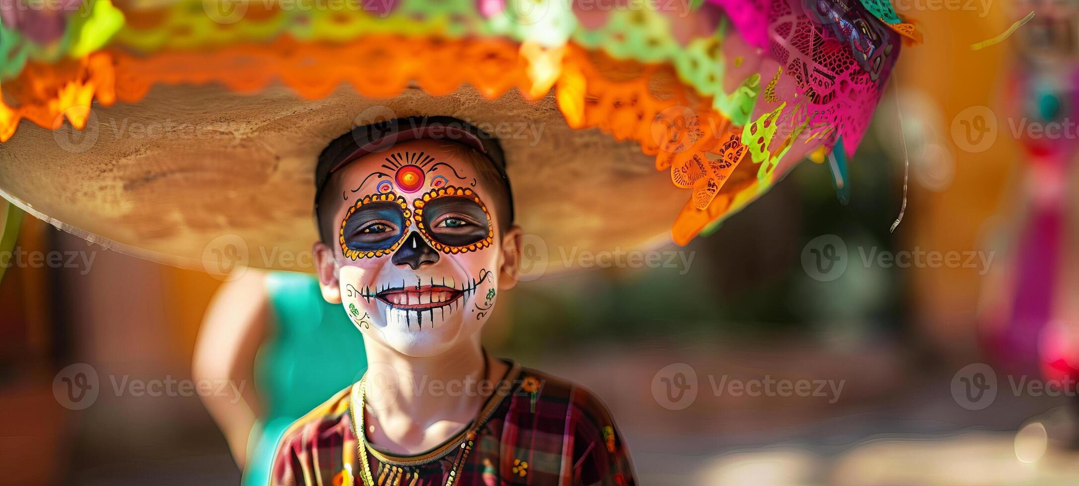 Boy in Day of the Dead skull makeup wearing a large sombrero with colorful patterns. Mexican child with festive face paint. Concept of cultural celebration, tradition, Halloween photo