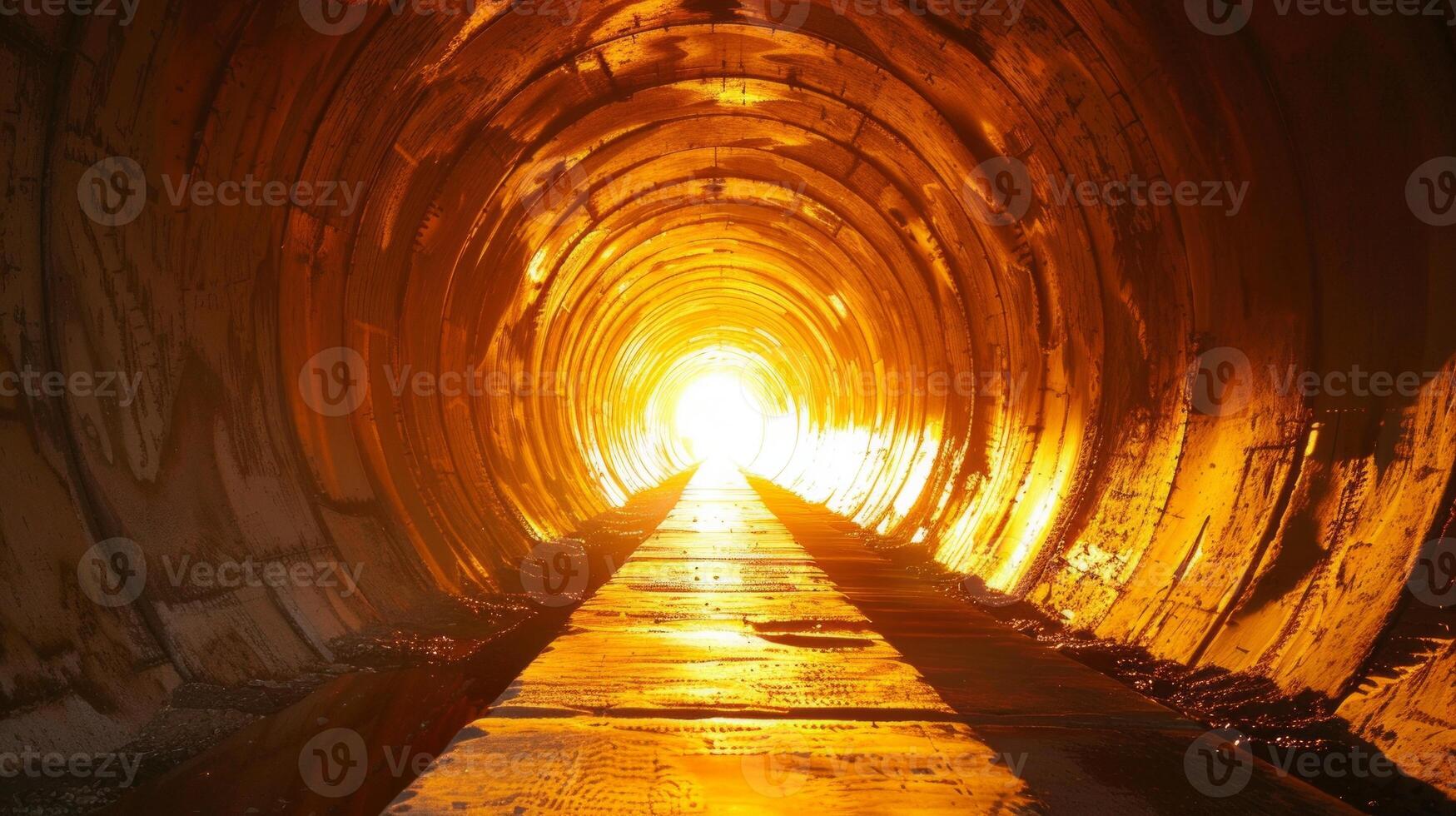 Illuminated tunnel with warm light at the end. Concept of hope, journey, futuristic architecture, engineering marvel. Light at the end of the tunnel photo