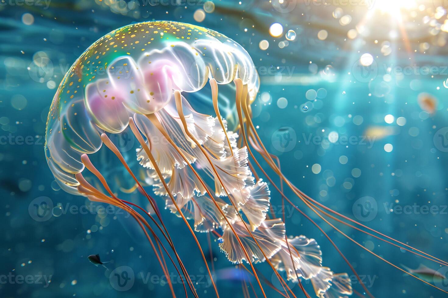 Jellyfish swimming in blue illuminated underwater with sunbeams. Luminous jellyfish. Concept of ocean depth, marine ecosystem, sea and light exploration. Medusa photo