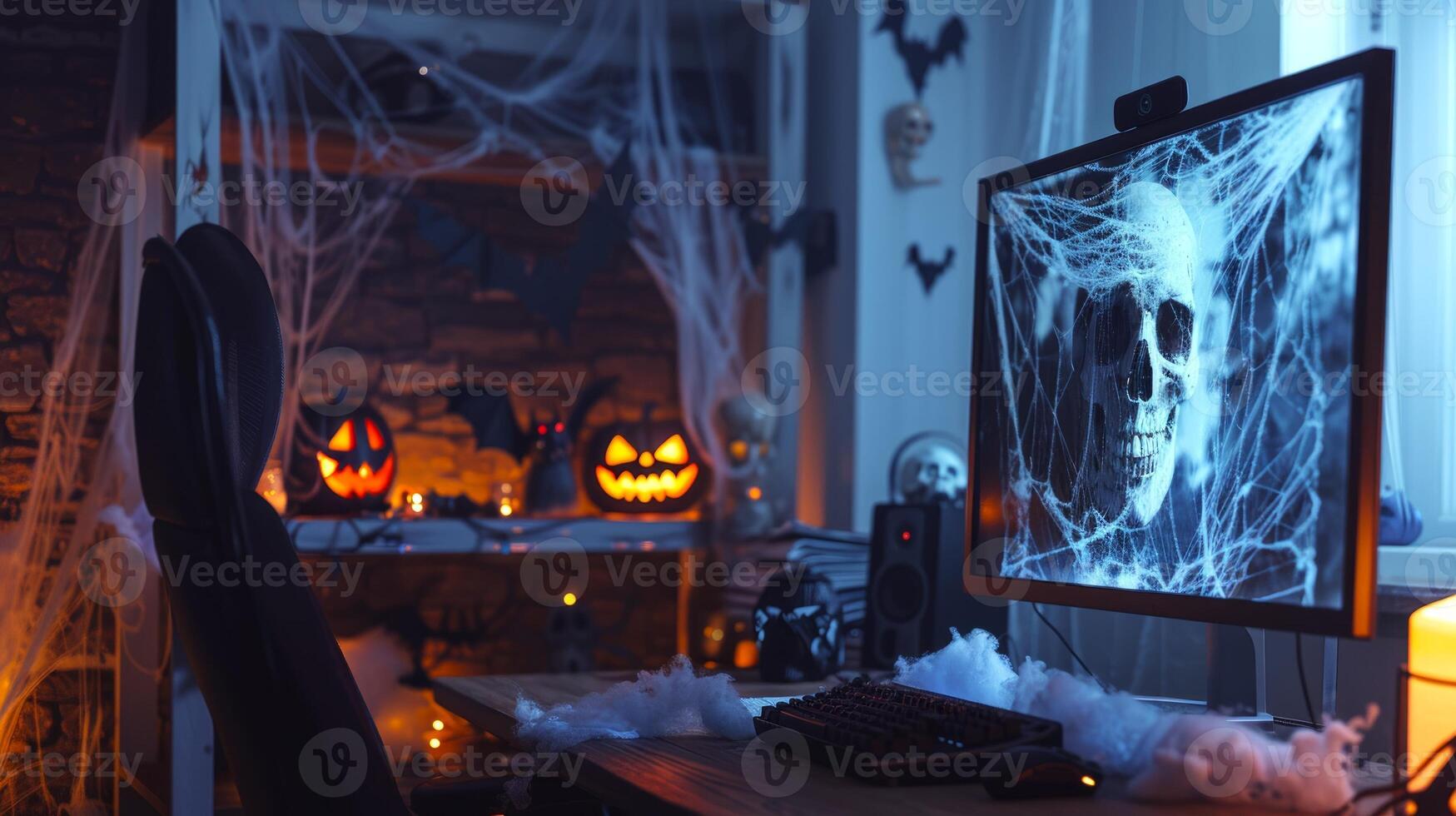 Spooky Halloween-themed room with illuminated jack-o-lanterns and a computer screen displaying a skull. Concept of Halloween decor, eerie ambiance, festive decorations, spooky celebration photo