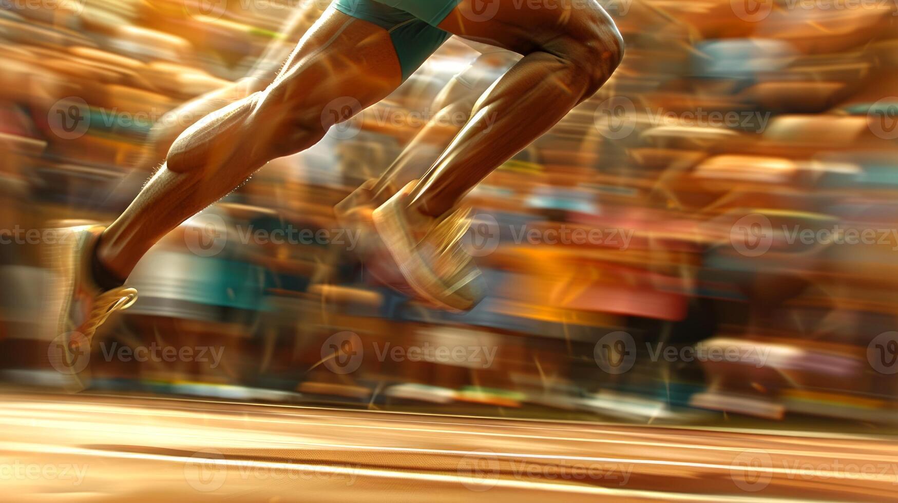 Close-up of an athlete's legs running on a track with blurred motion. Muscular legs in action during a race. Concept of speed, athleticism, competition, and dynamic movement photo