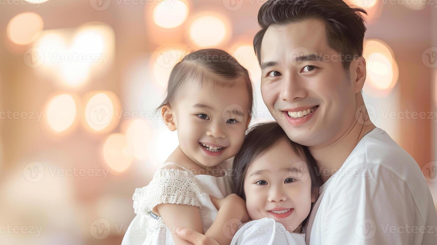 Asian father with two young daughters, smiling family portrait, paternal bond, concept of love, togetherness, joy. Copy space photo