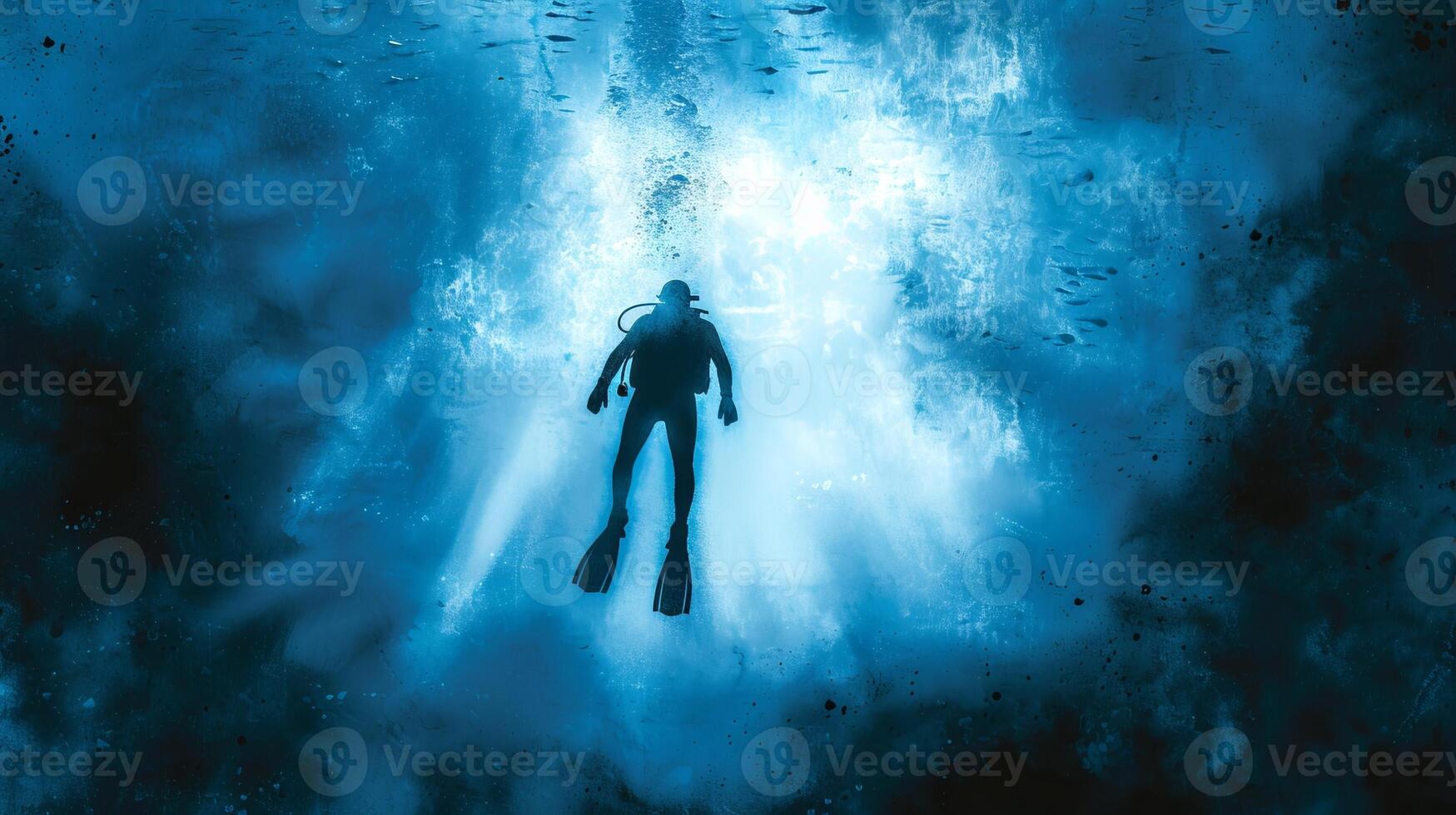 Scuba diver swimming in the ocean depth. Concept of underwater adventure, marine life, and scuba diving tourism. Digital art photo