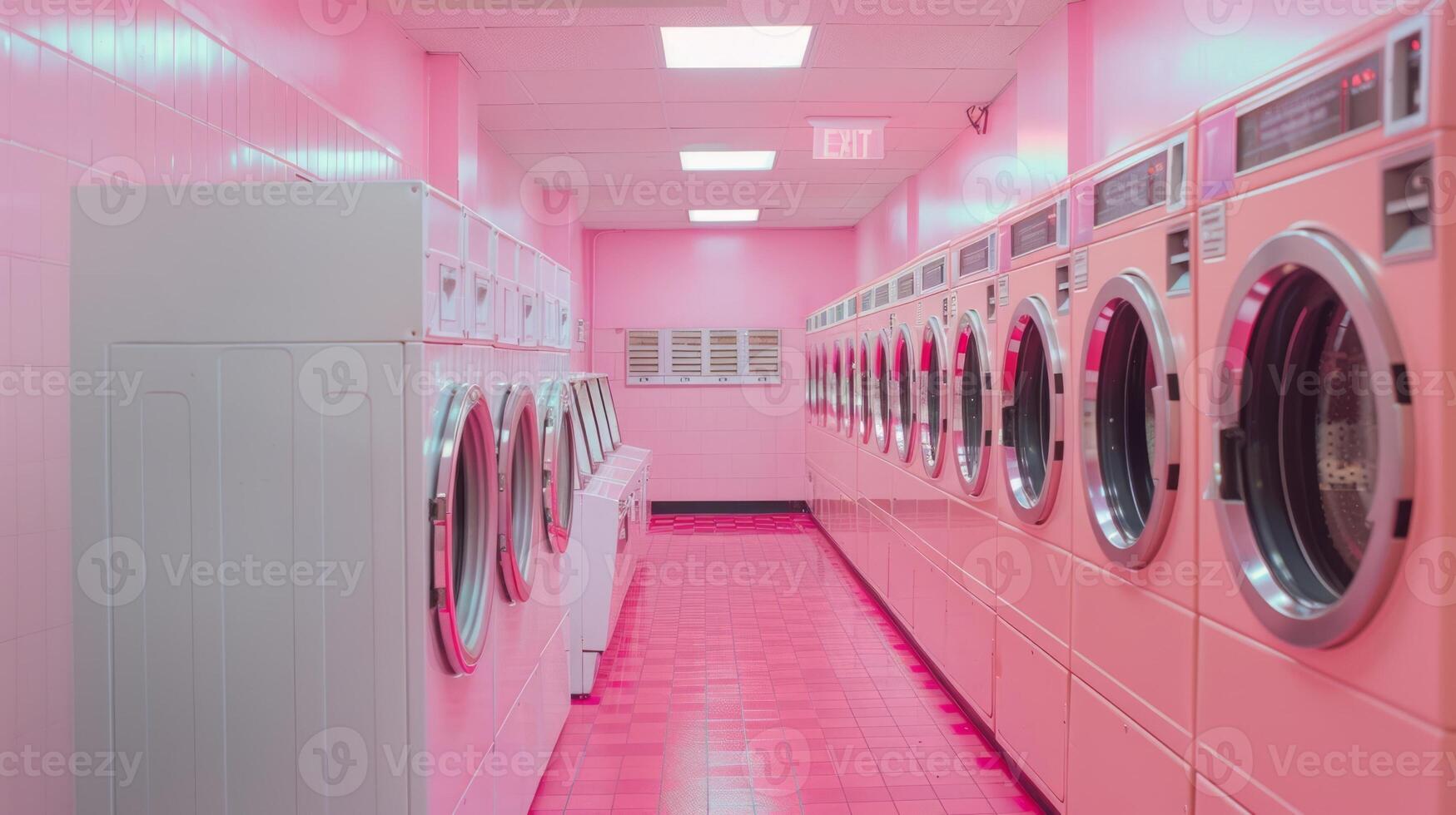 Modern laundromat with pink neon lighting and minimalist design. Chic laundromat aesthetic. Concept of stylish laundry facilities, contemporary decor, and inviting atmosphere. photo
