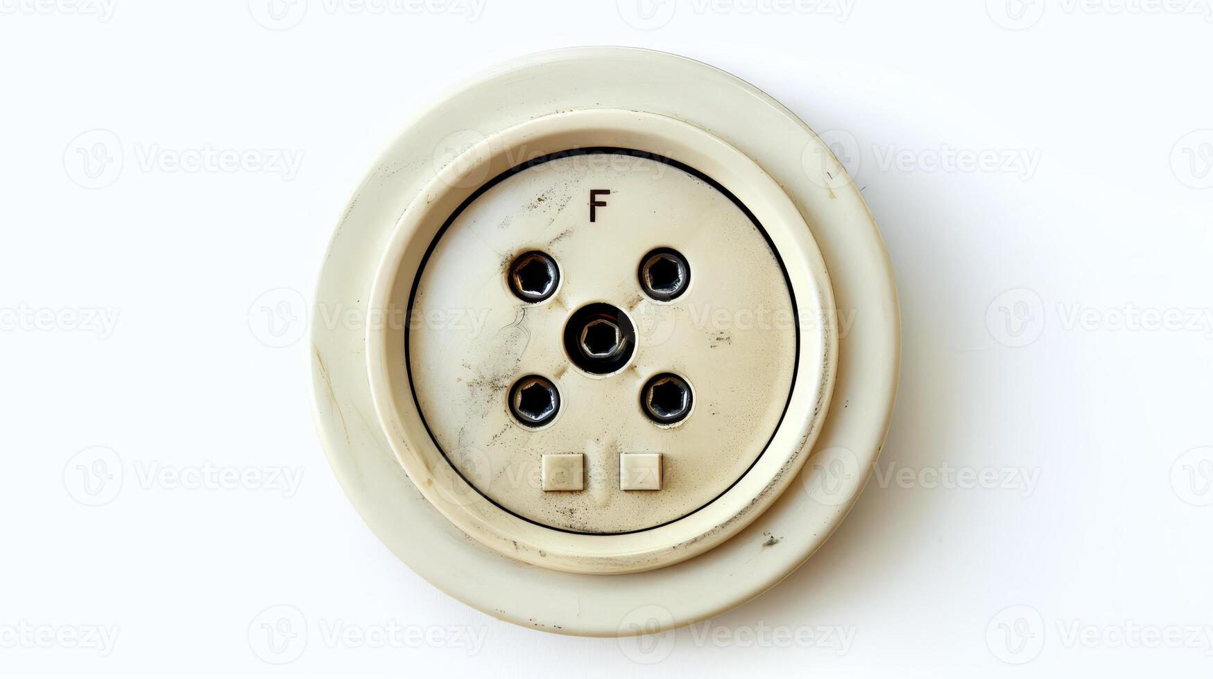 Vintage white wall socket with multiple connector holes on a white background. Concept of retro design, electricity, technology, electrical component photo