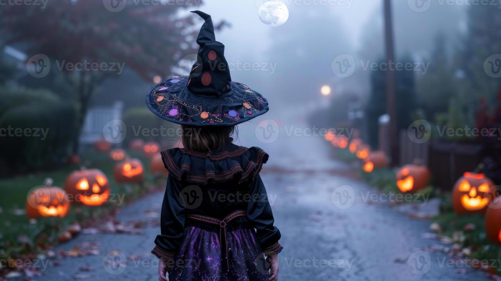 Little girl in a witch costume on a foggy street with jack-o-lanterns on Halloween night. Child in a spooky setting. Concept of Halloween, childhood, trick-or-treat, festive photo