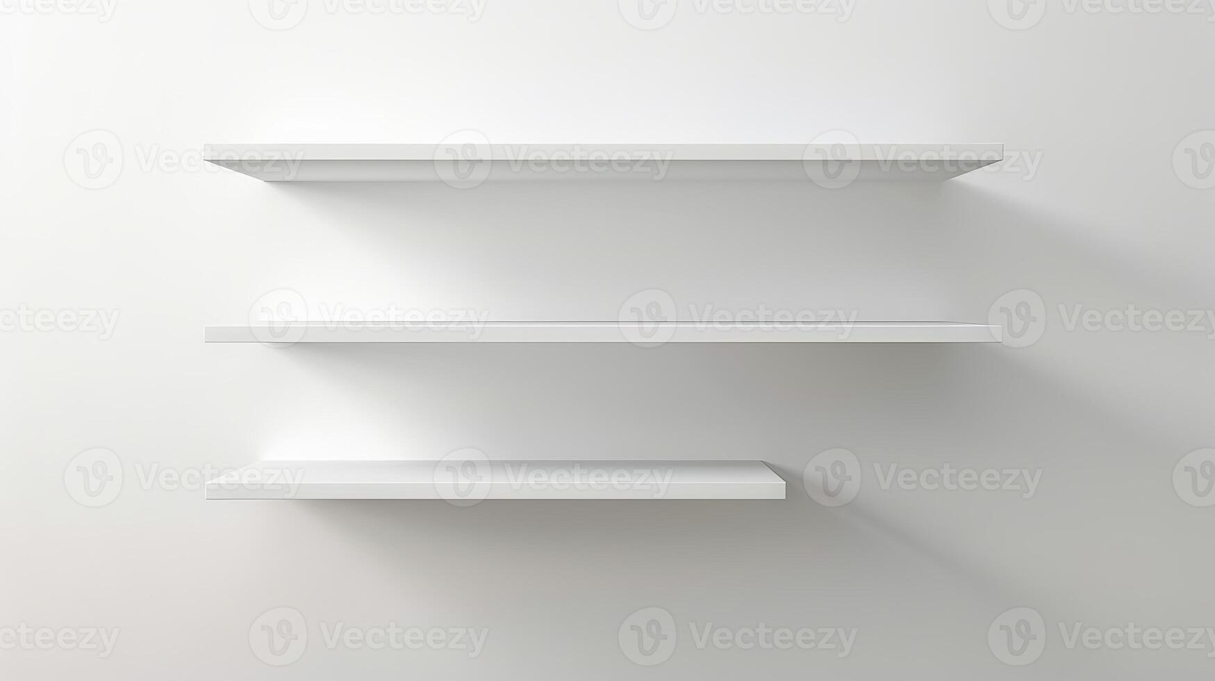 Three empty white floating shelves on a plain white wall Minimalist design Concept of organization storage modern interior simplicity. Copy space. Mockup photo