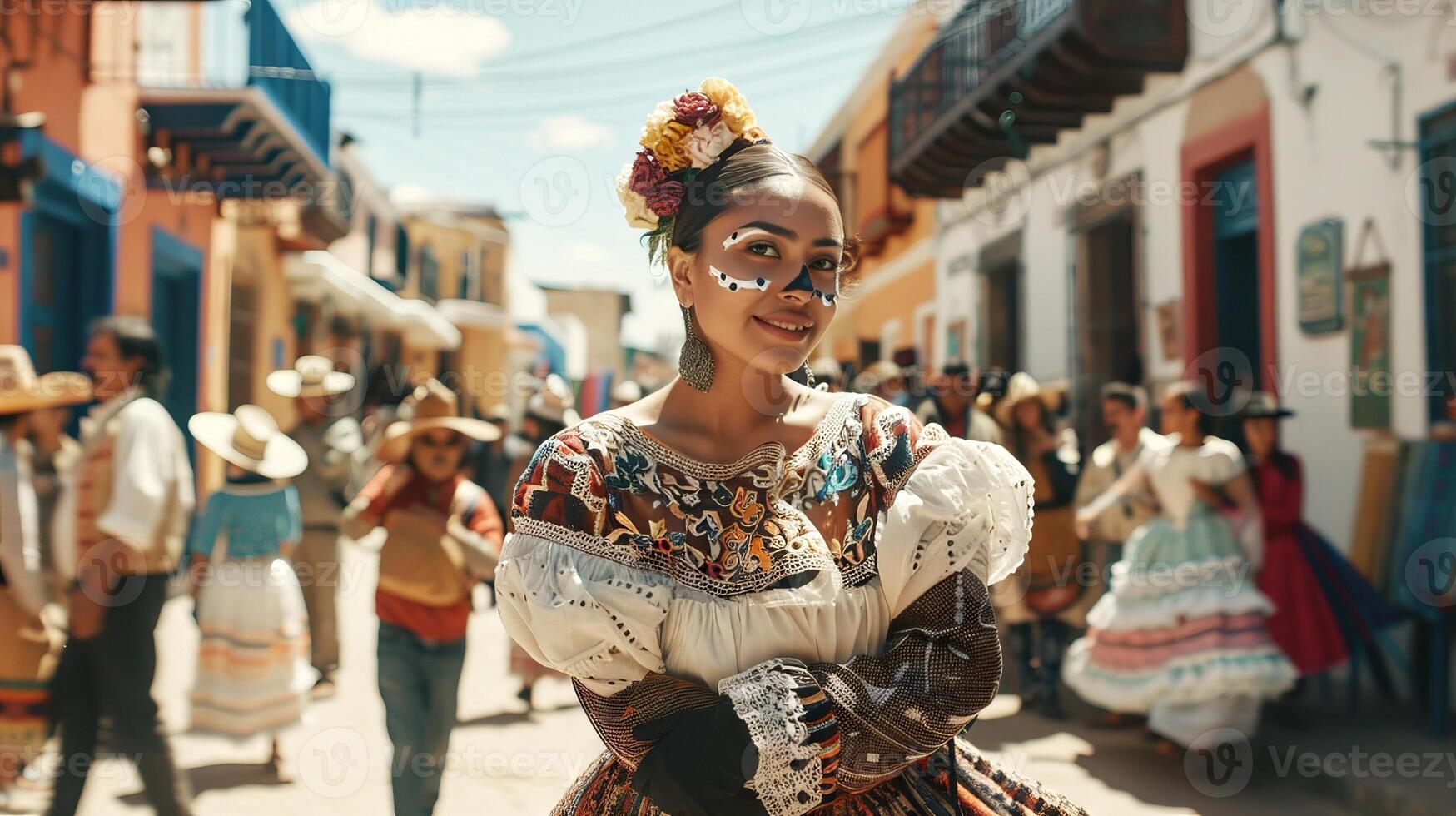 Woman in traditional dress with face paint during Day of the Dead. Female with Dia de los Muertos makeup in a festive street. Concept of Mexican culture, traditional festival, celebration photo