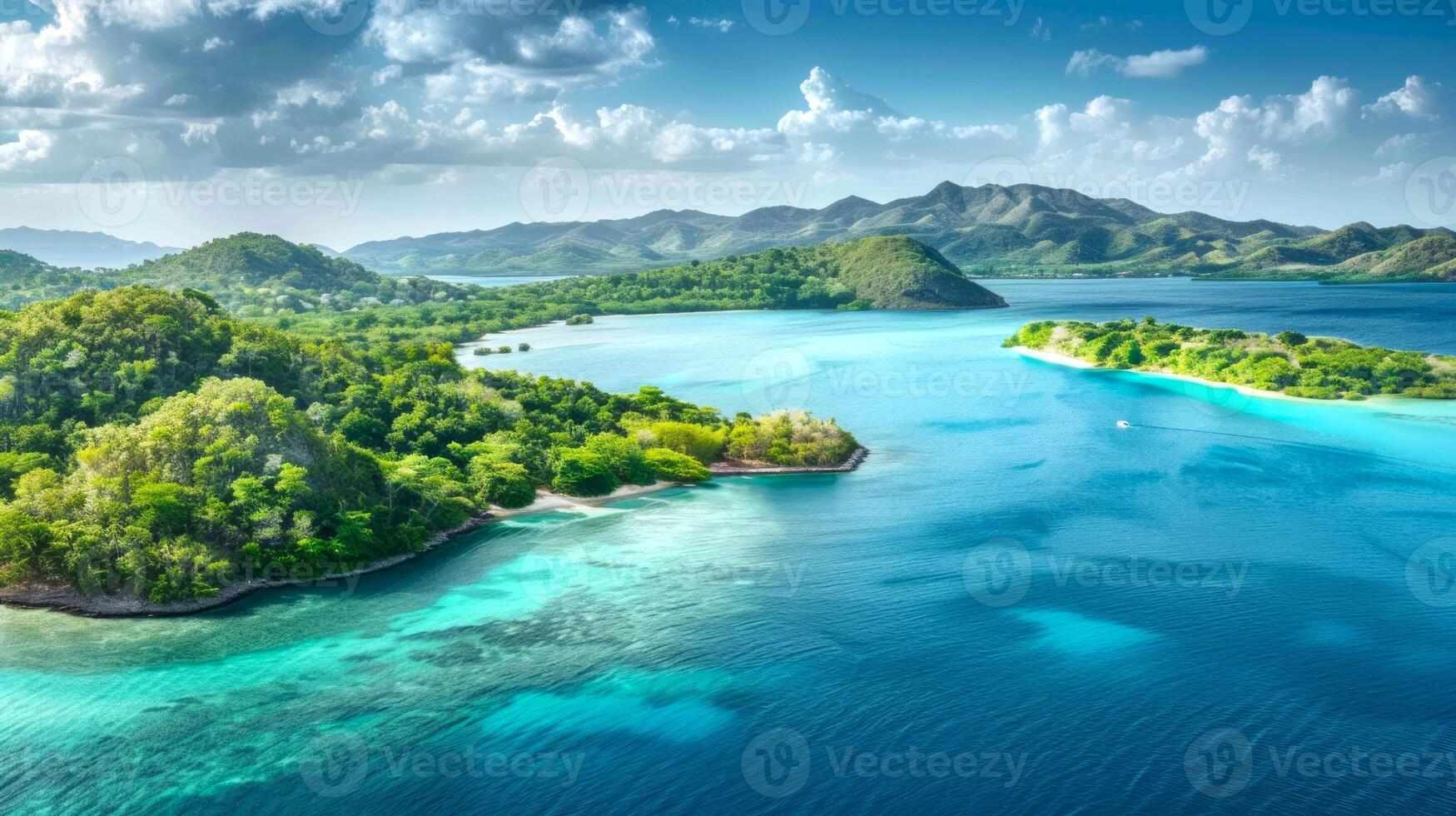 Tropical island with lush greenery and turquoise waters seen from above. Clear blue sea surrounding a green landscape. Concept of scenic beauty, tropical paradise, nature, island escape photo