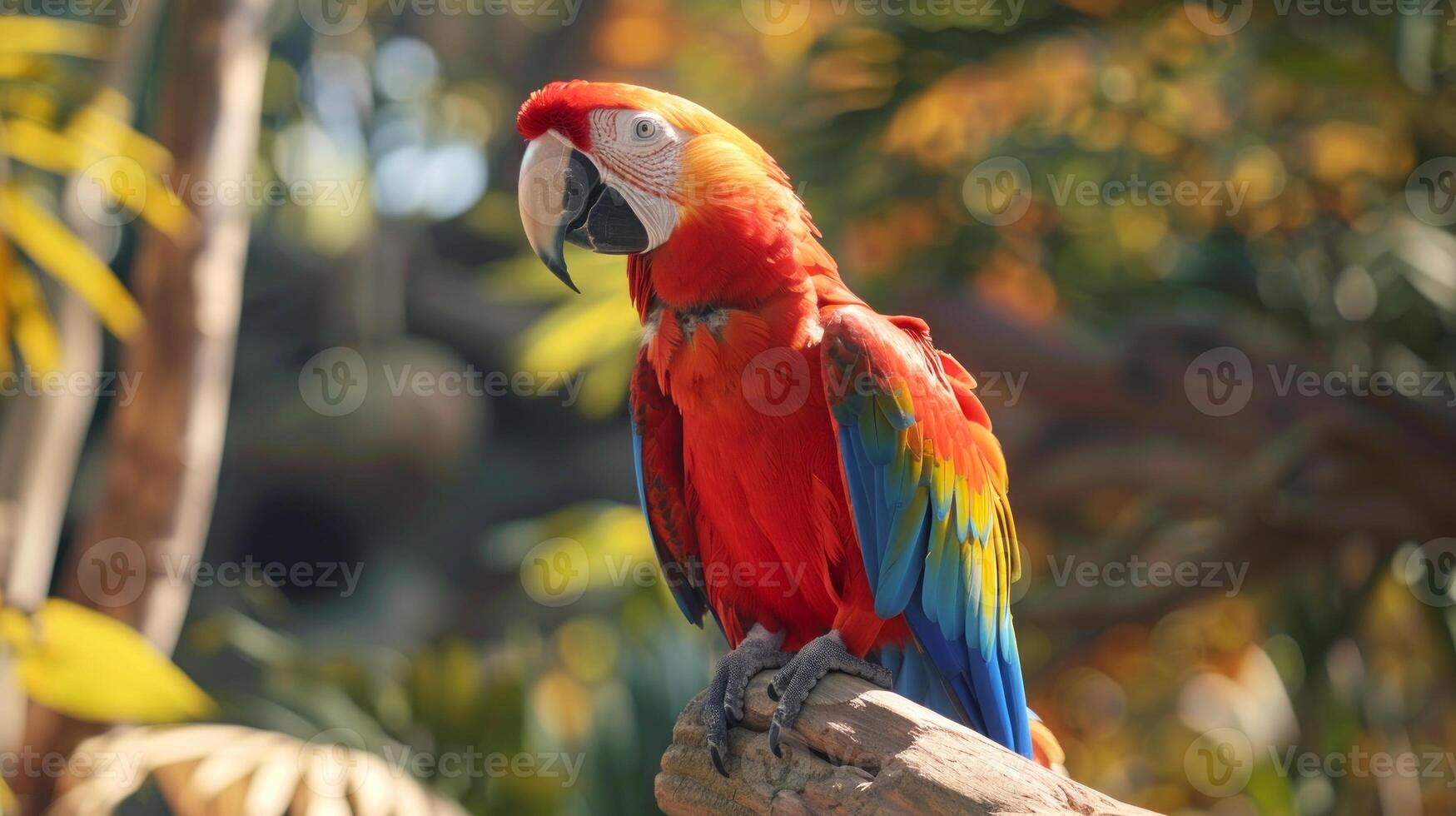 Vibrant red and blue parrot perched on a branch. Concept of exotic bird, wildlife, tropical nature, avian, macaw photo
