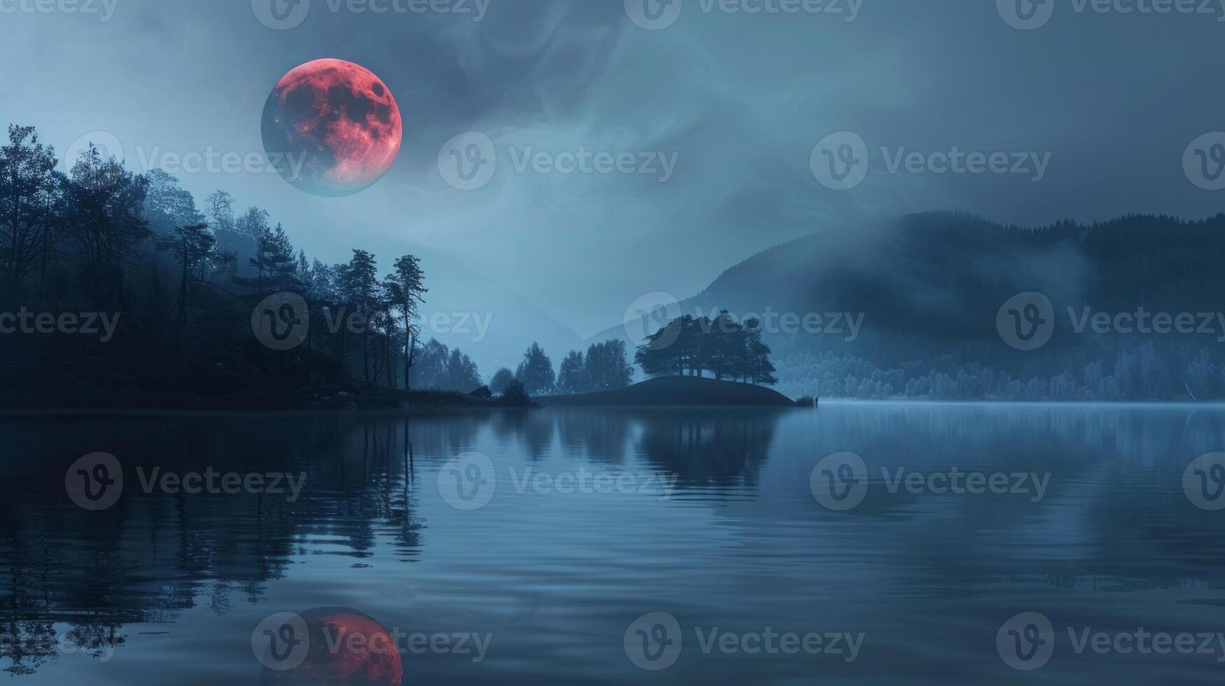 Tranquil lake with forest and red full moon at night. Calm water with trees and crimson moon glowing in the sky. Concept of serenity, nature's beauty, peaceful landscape, night scenery photo