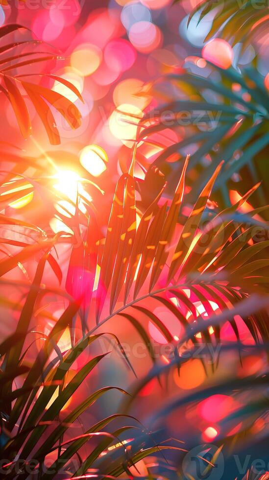 Bright summer tropical botanical background with colorful palm leaves and bokeh effects. Trendy wallpaper with vibrant colors. Copy space. Mockup for design. Vertical photo