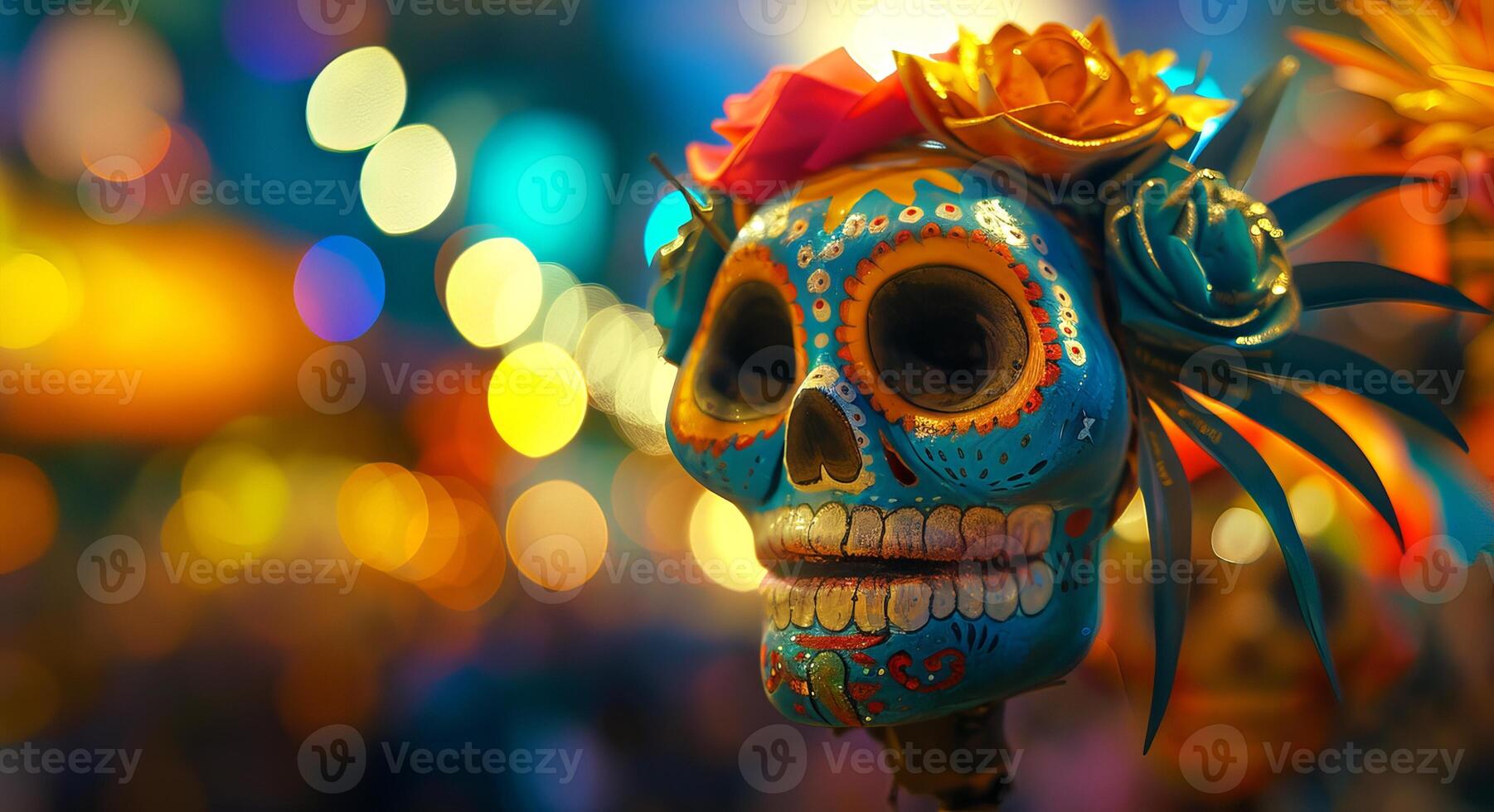 Colorful Day of the Dead festival background with sugar skull. Bright Dia de los Muertos celebration festival. Concept of cultural festivity, Mexican tradition, joyful decoration. Copy space photo