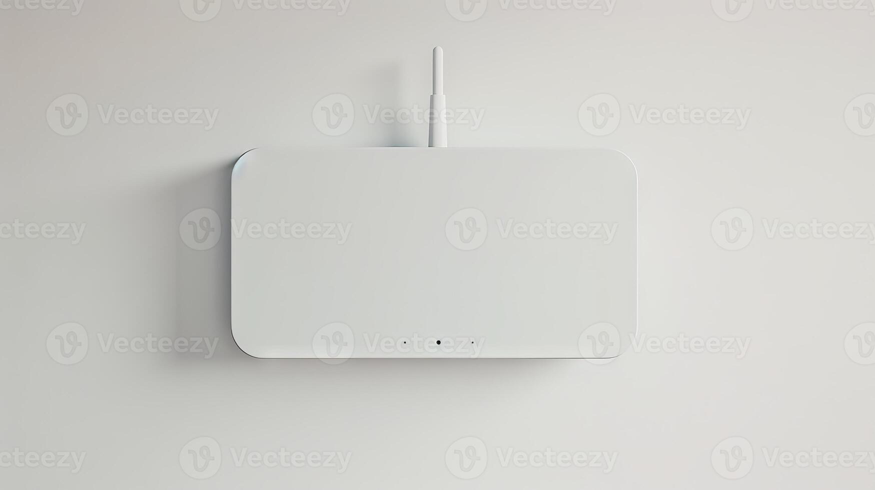 Minimalist white Wi-Fi router mounted on a white wall. Concept of modern technology, wireless internet, home networking, sleek design photo