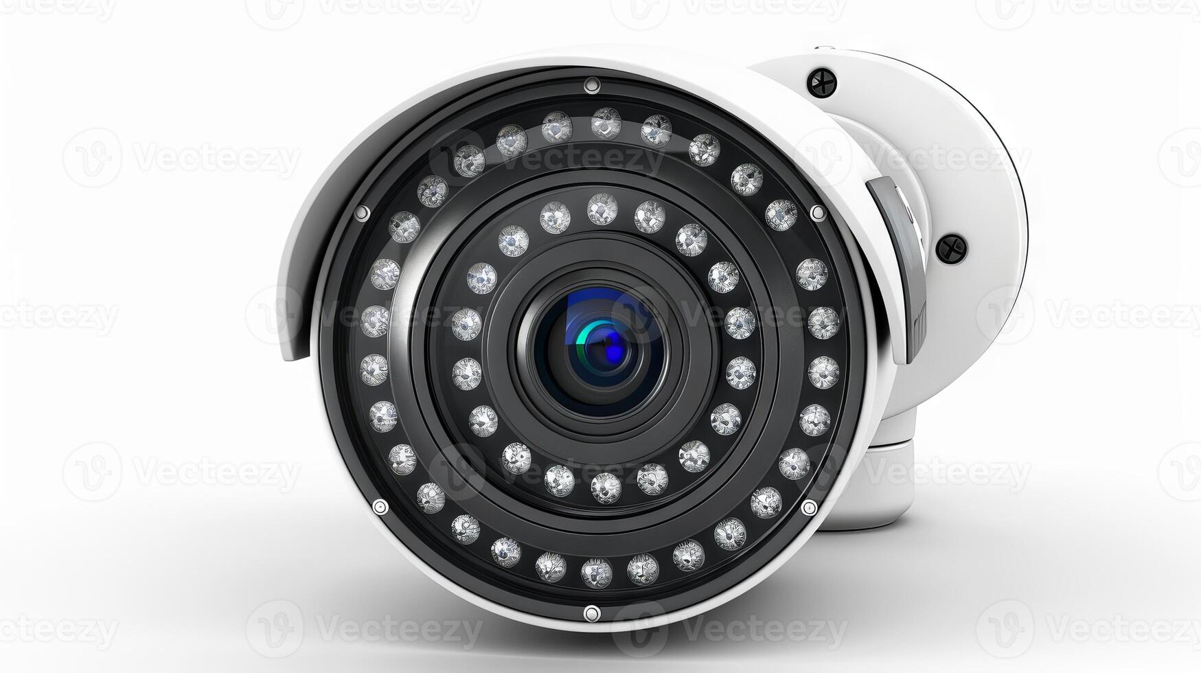 Close-up of a security camera lens with infrared LEDs on a white background. Concept of surveillance, security technology, monitoring systems, safety equipment photo