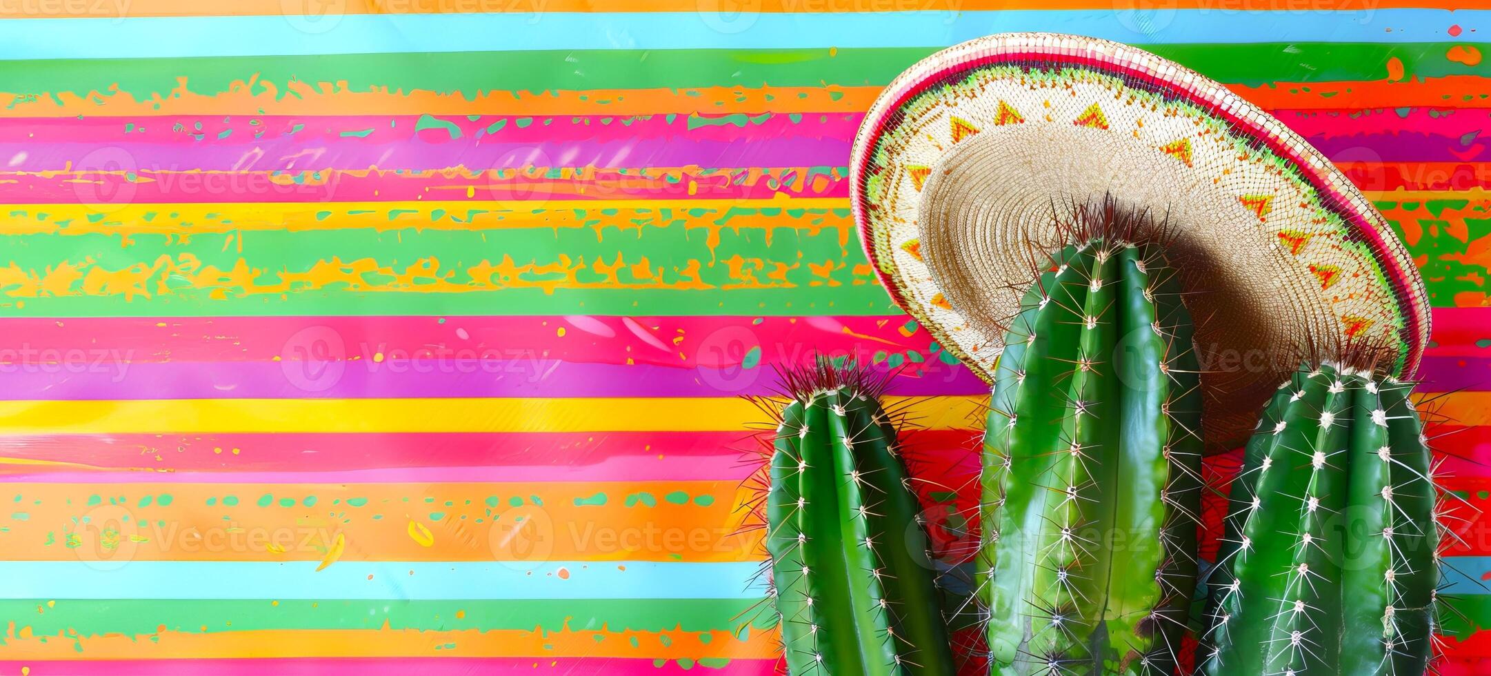 Bright Striped Background with Mexican Sombrero and Cacti. Festive Design Celebrating Mexican Culture. Concept of Vibrancy, Tradition, Desert Flora, Colorful Festivities, cactus. Banner. Copy space photo