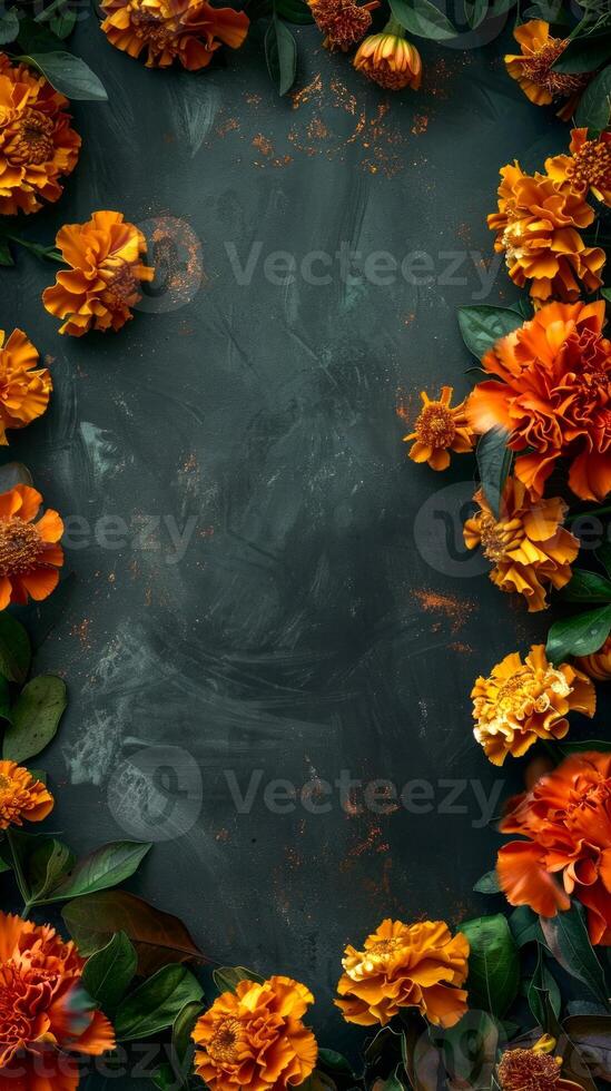 Orange marigolds flowers arranged on dark background. Copy space. Concept of floral arrangement, nature beauty, botanical design. Day of the Dead, Dia de los Muertos. Greeting card. Vertical photo