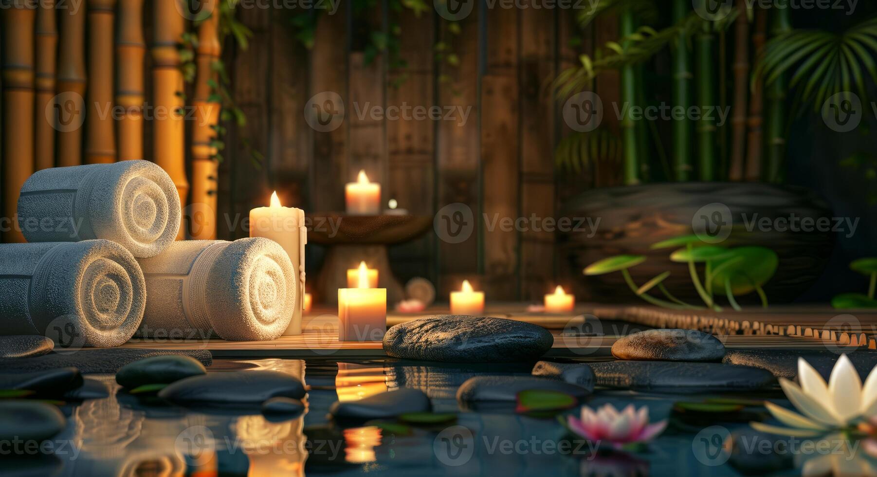 Elegant spa setting with lit candles, flowers, towels, smooth stones. Calming wellness retreat for relaxation. Concept of luxury Thai spa, self-care, indulgence. Banner. Space for text photo