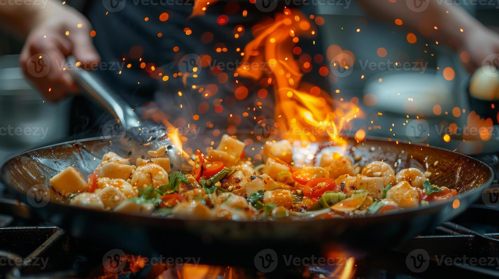 Chef prepares Thai food in flaming wok, fiery cooking with fresh ingredients. Close-up of sauteing vegetables and seafood. Concept of Asian cuisine, live cooking, culinary photo