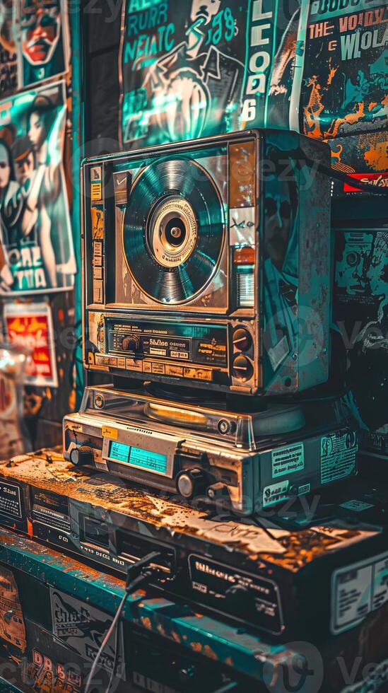 Vintage Jukebox and Cassette Players in Retro Music Shop. Concept of retro cassette tape player, music memorabilia, historical soundtracks, and cultural nostalgia photo